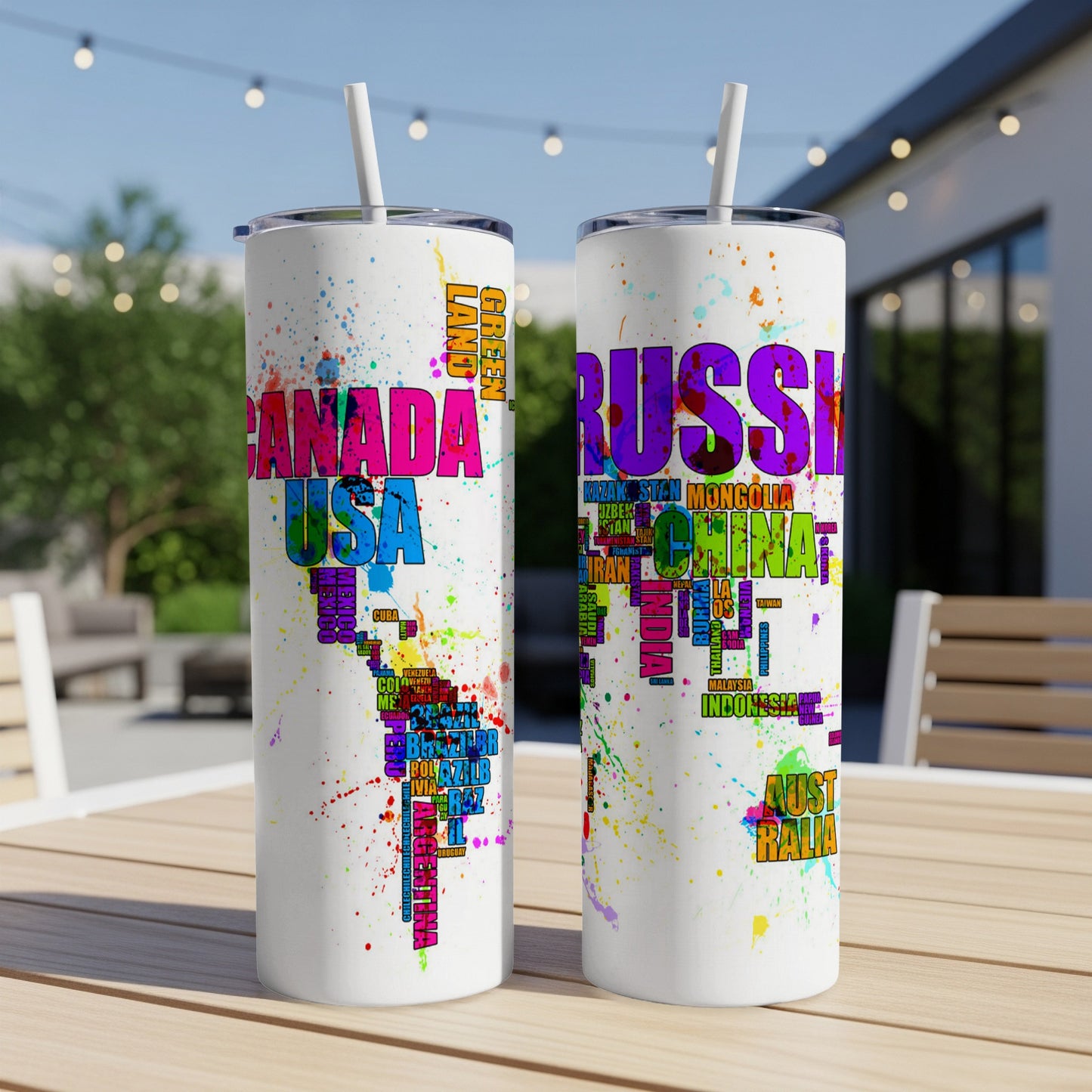 Two tumblers with colorful splatter design and world map of country names.