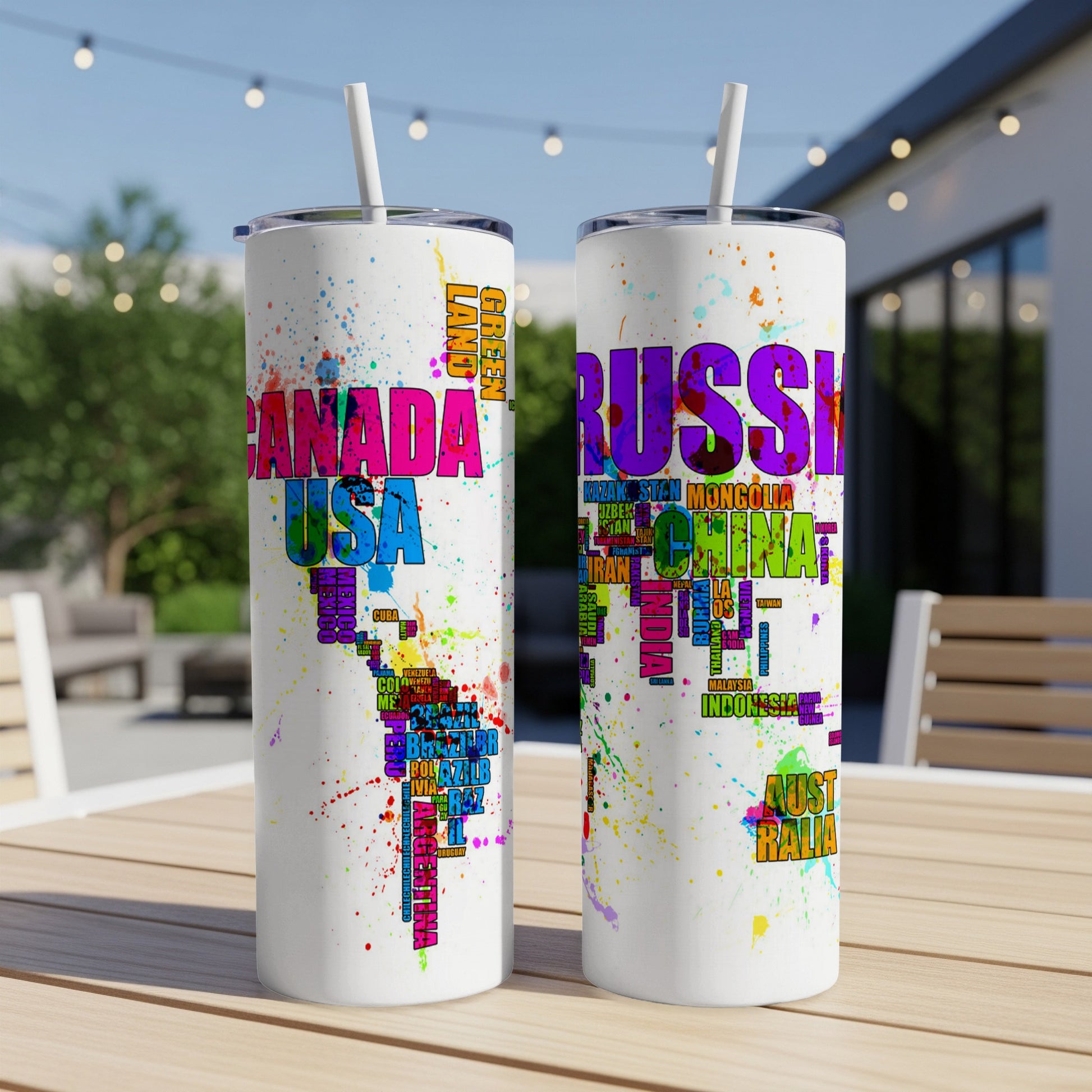 Two tumblers with colorful splatter design and world map of country names.