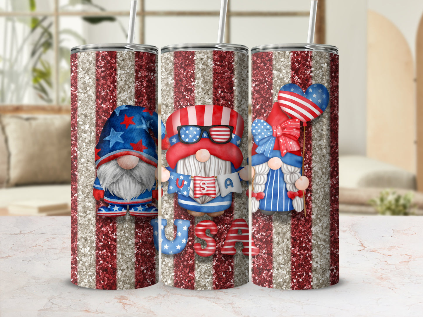 Three patriotic gnomes with American flag details and USA text.