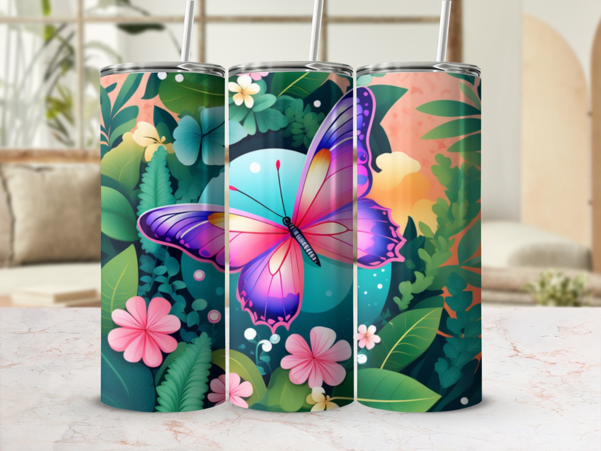 Pink and purple butterfly on a colorful floral pattern tumbler.