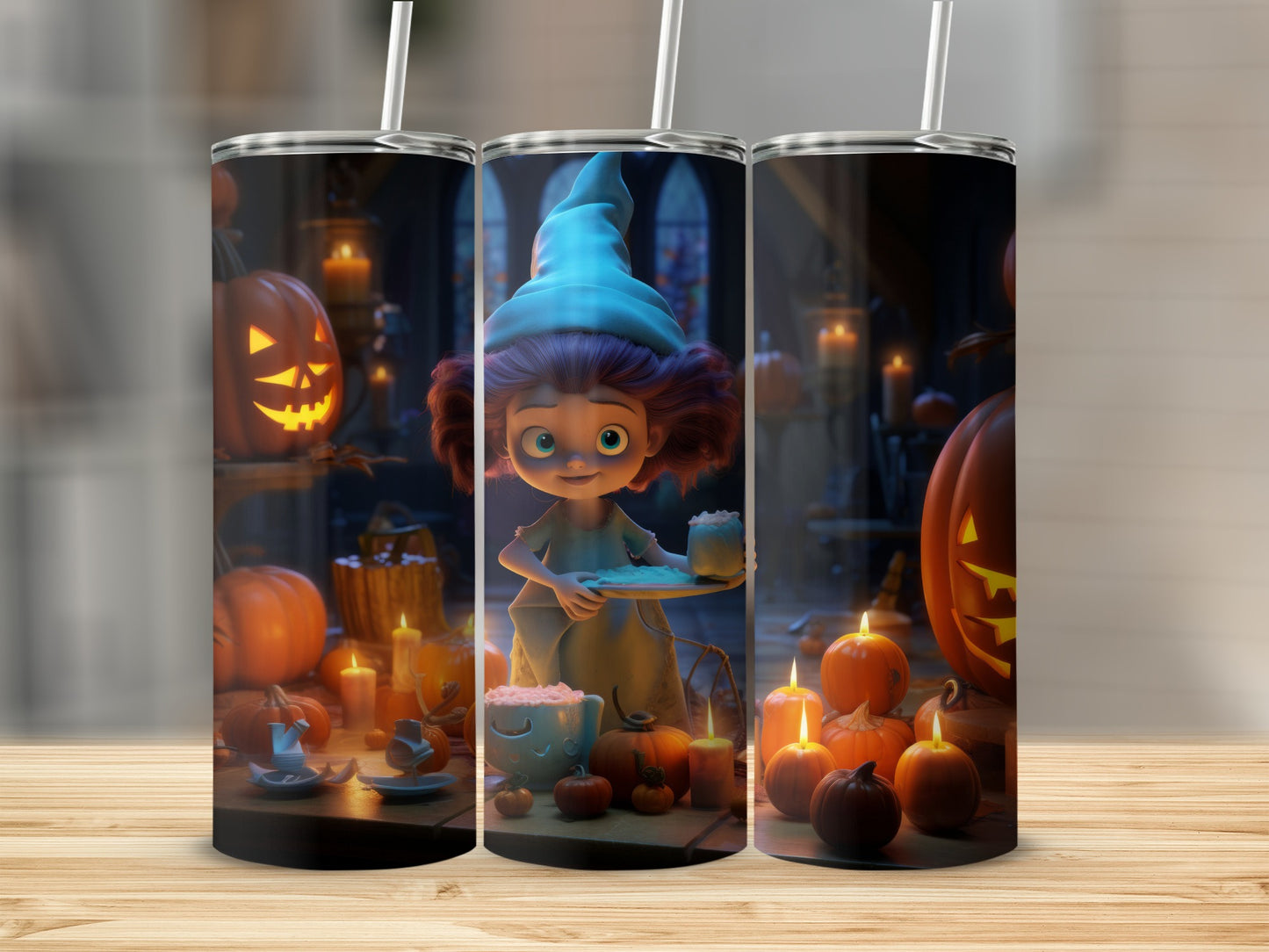Halloween tumbler featuring a cartoon witch with pumpkins and candles.
