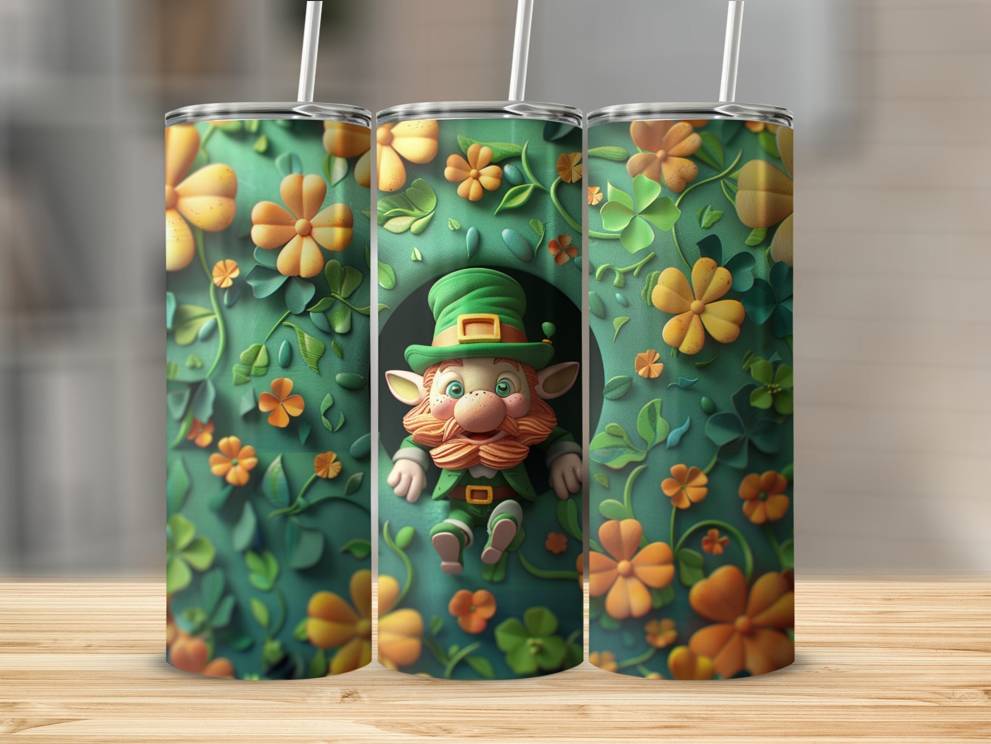 Three Saint Patrick's Day tumblers featuring a leprechaun and shamrocks.