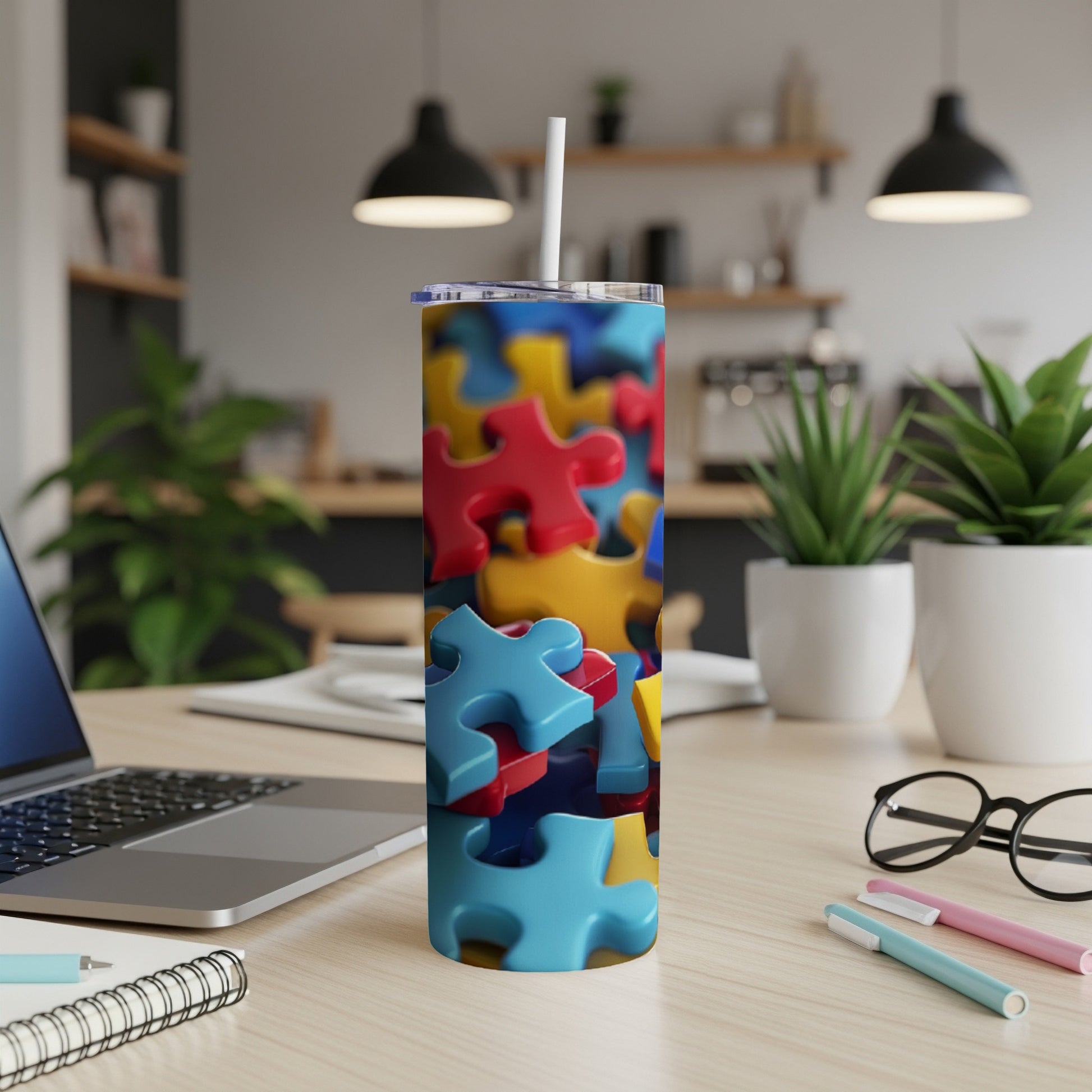 Colorful puzzle pieces pattern on a stainless steel tumbler with a white lid and straw.