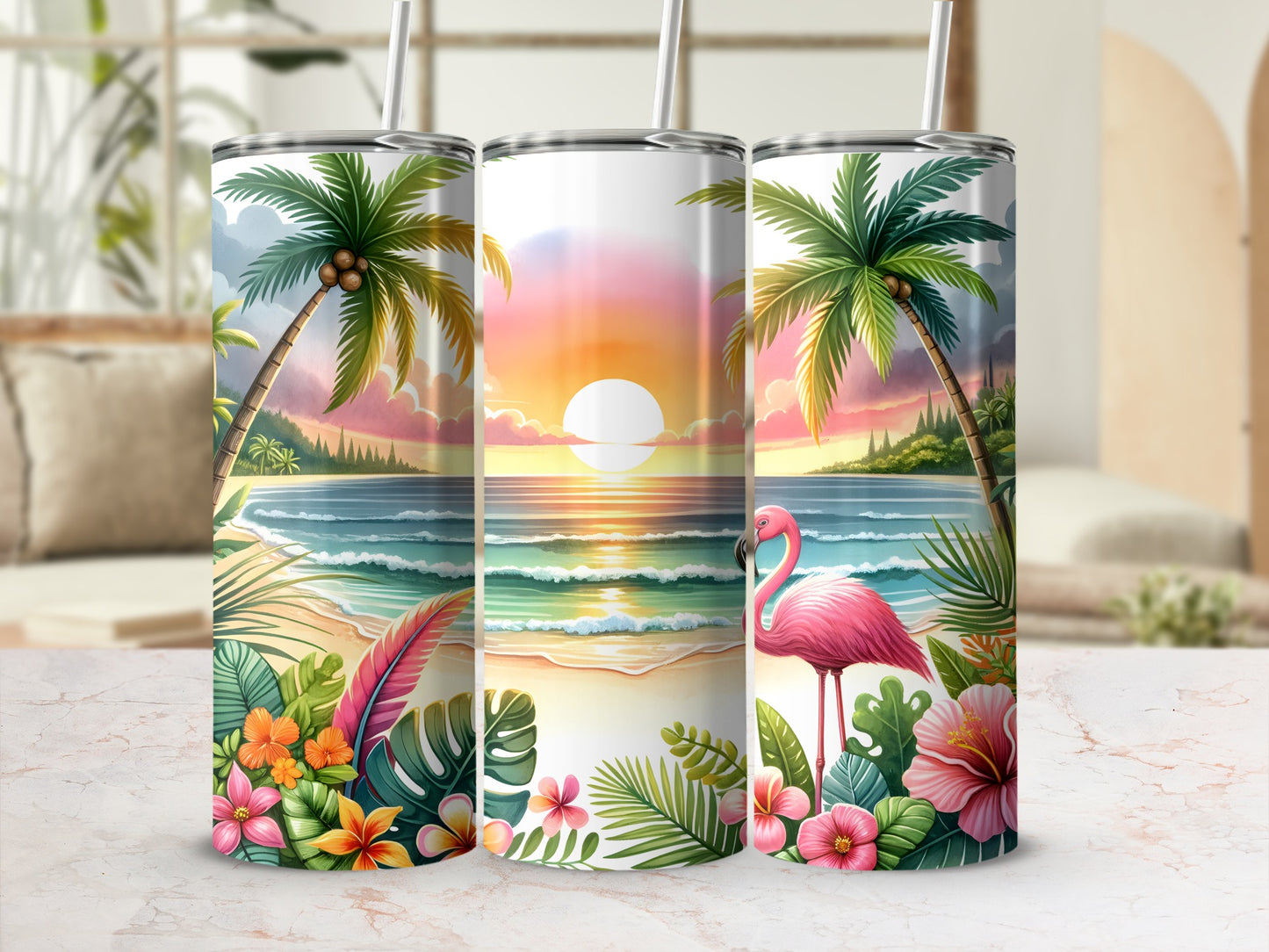 Three tropical beach scene tumblers with flamingos and palm trees.