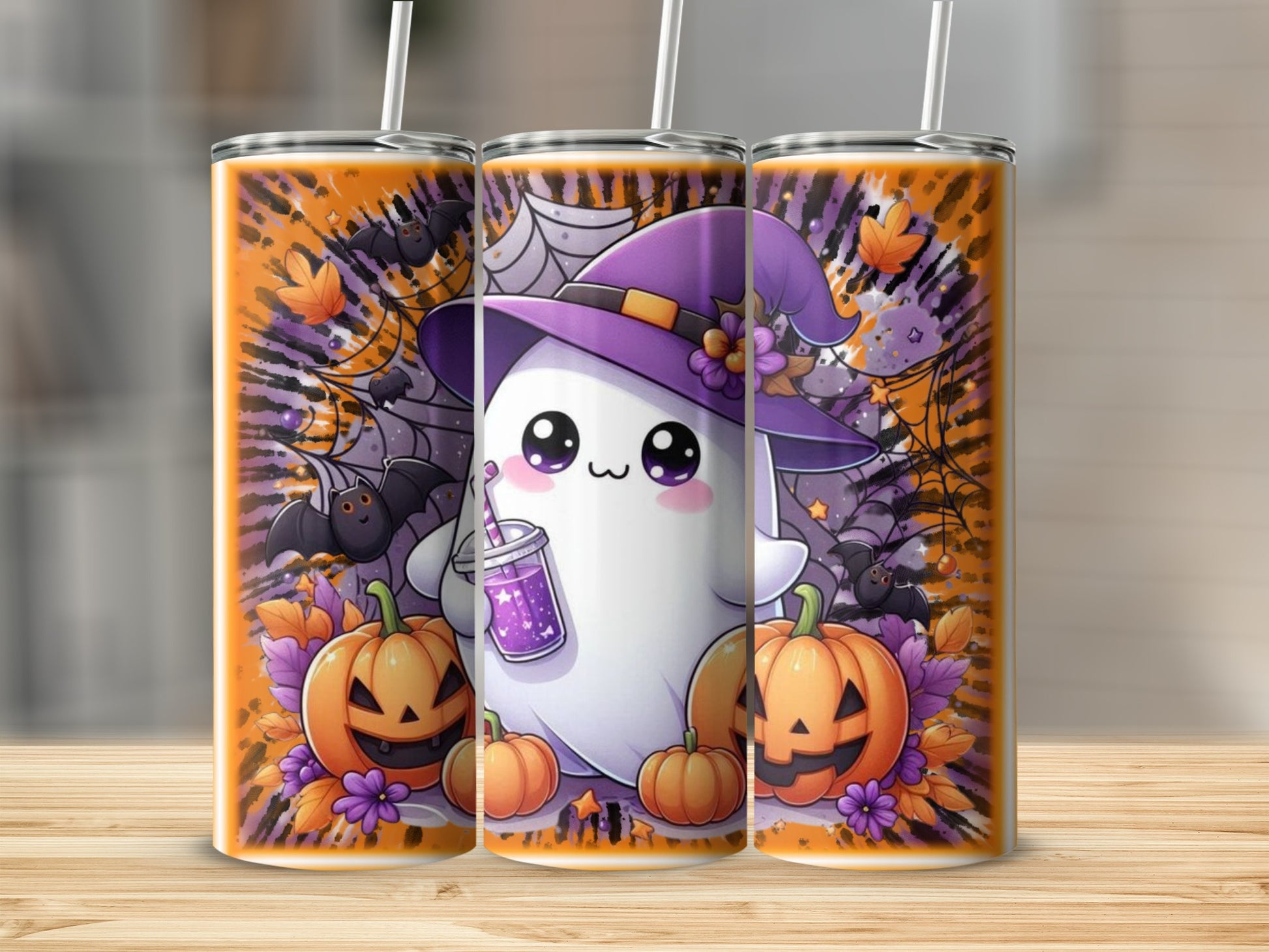 Cute Halloween Ghost with Pumpkins Tumbler Product