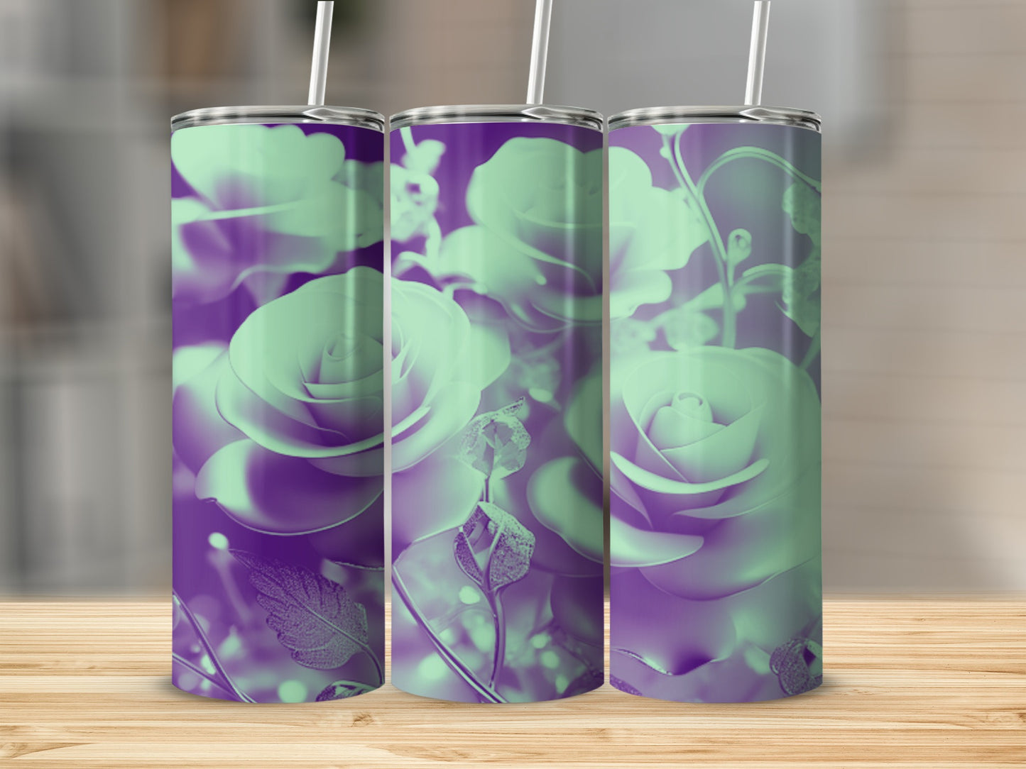Three tall, slim tumblers with a light green floral pattern on a purple background.