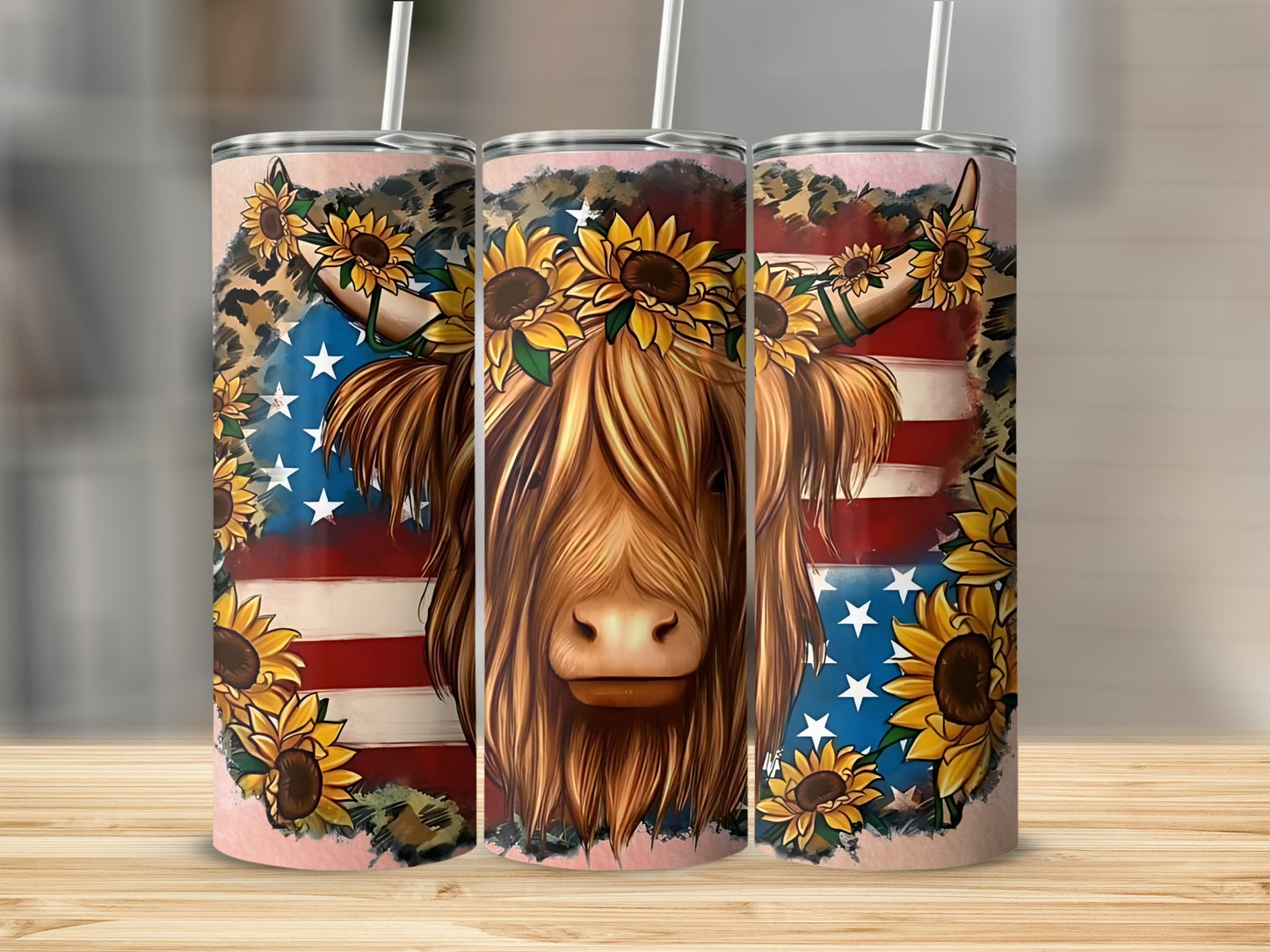 Highland Cow Sunflowers American Flag Design tumbler