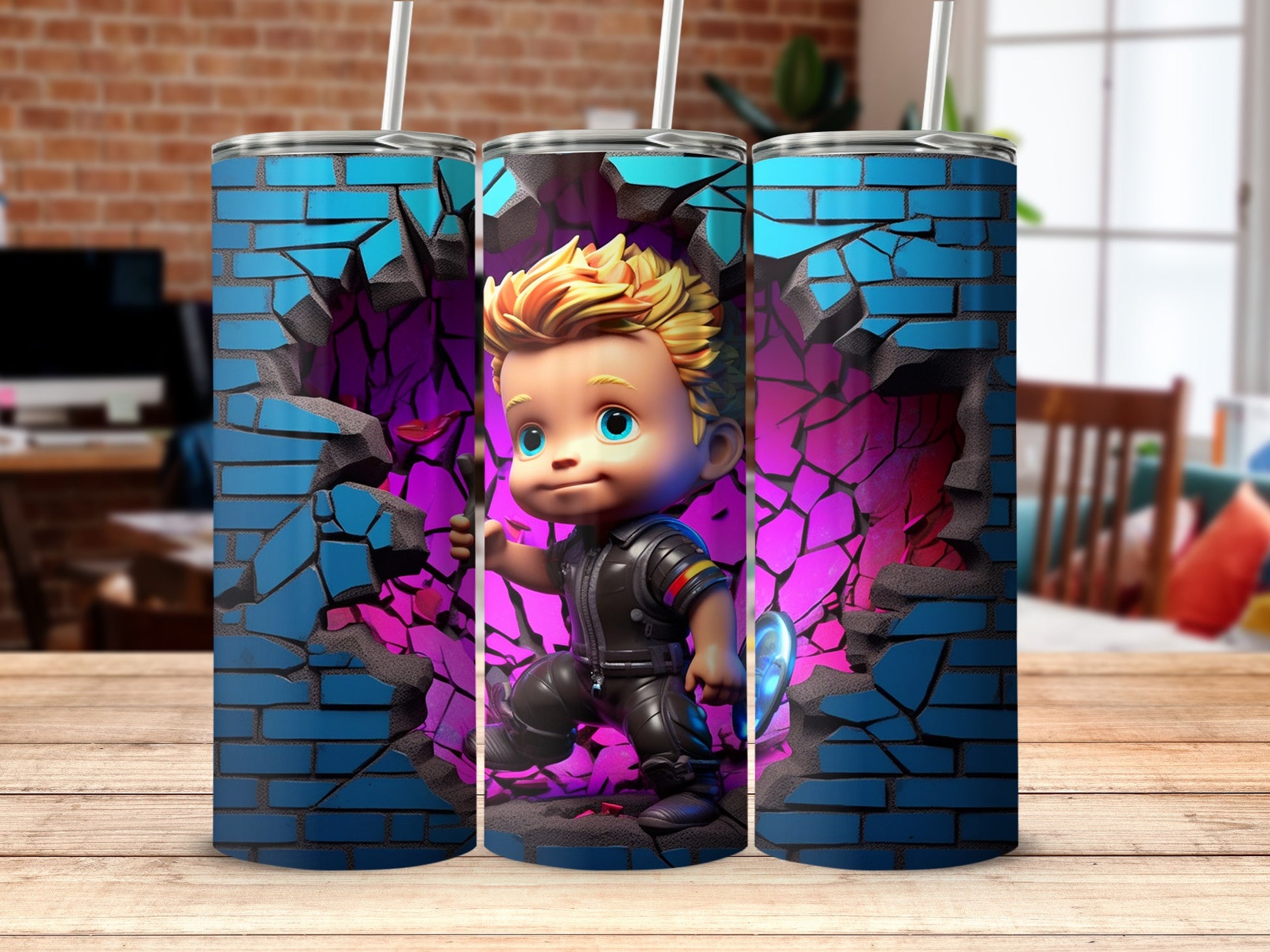 Cute Little Superhero Breaking Through Brick Wall Tumbler