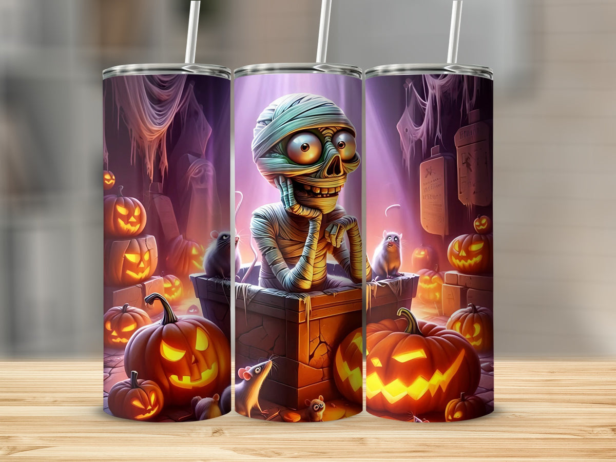 Mummy with pumpkins and mice on Halloween themed tumblers.