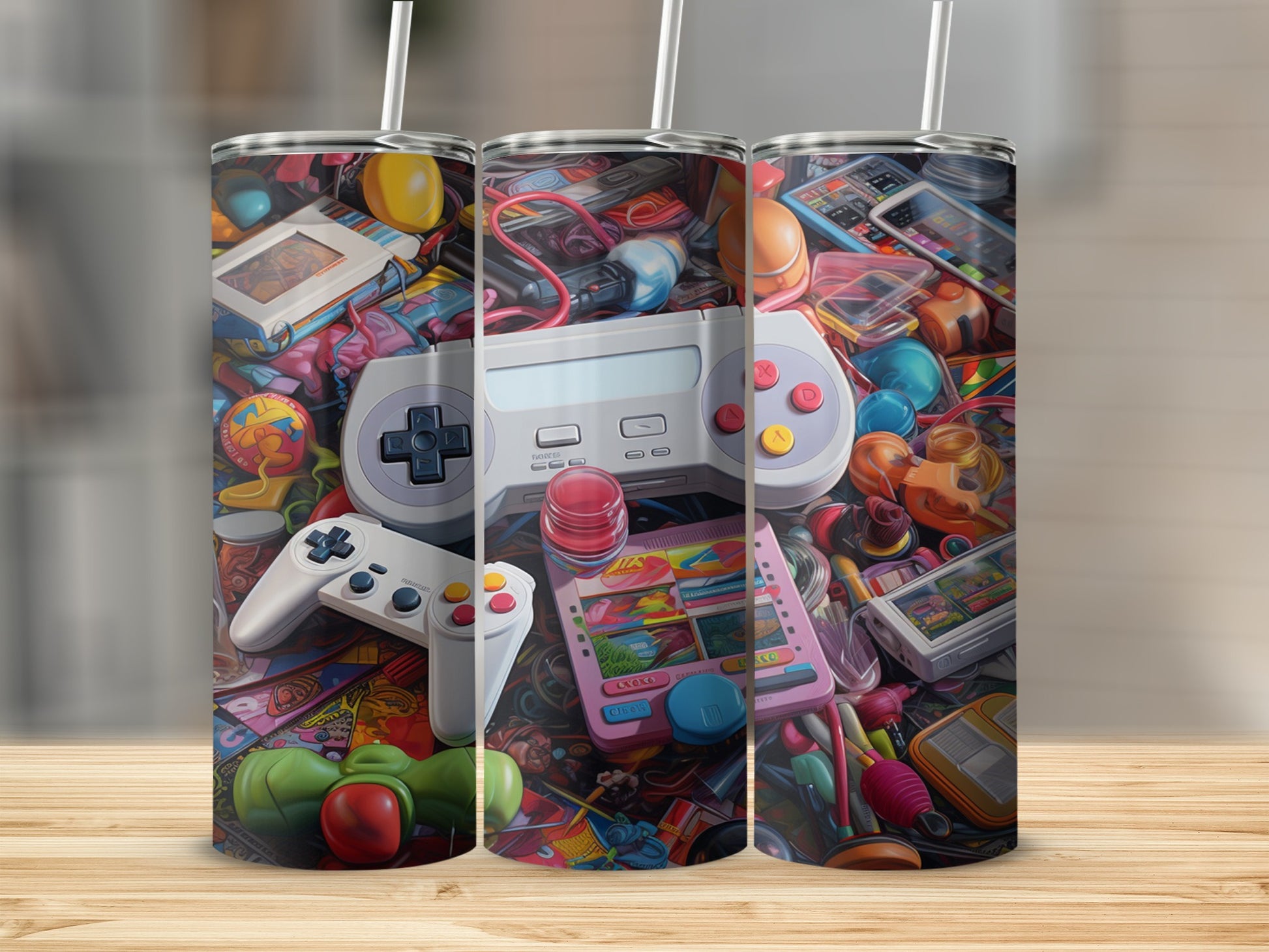 Collage of retro video game controllers, cartridges, and colorful toys.