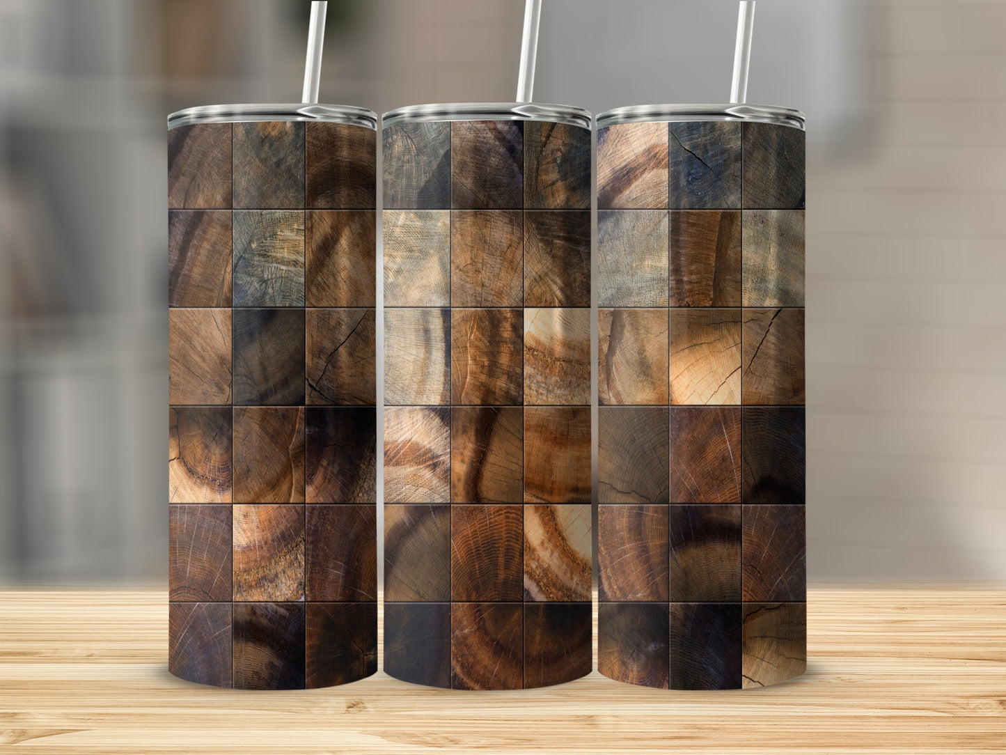 Wood Mosaic Design Square Wood Tiles Pattern Tumblers