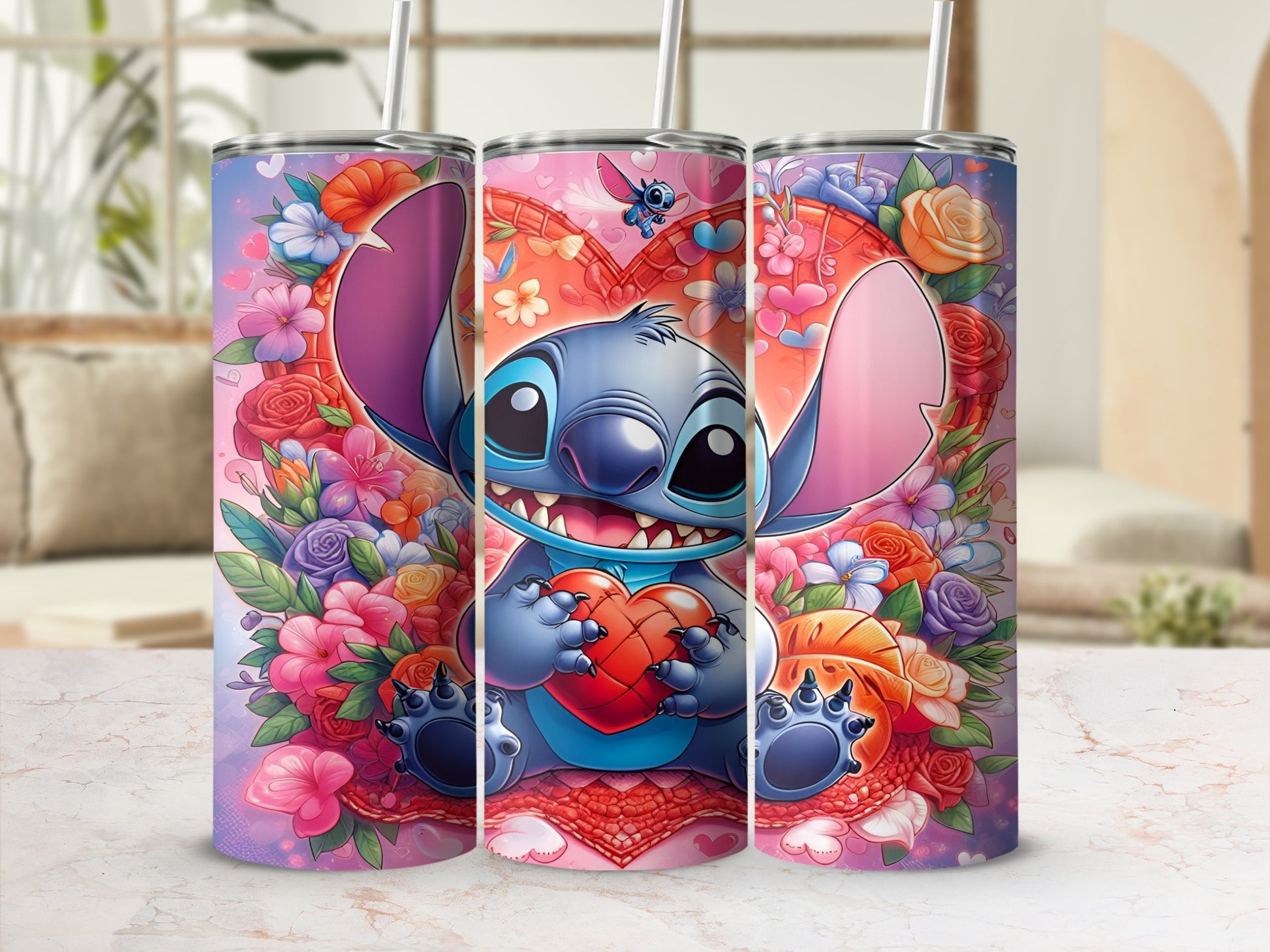 Stitch character holding a heart, surrounded by flowers and butterflies.