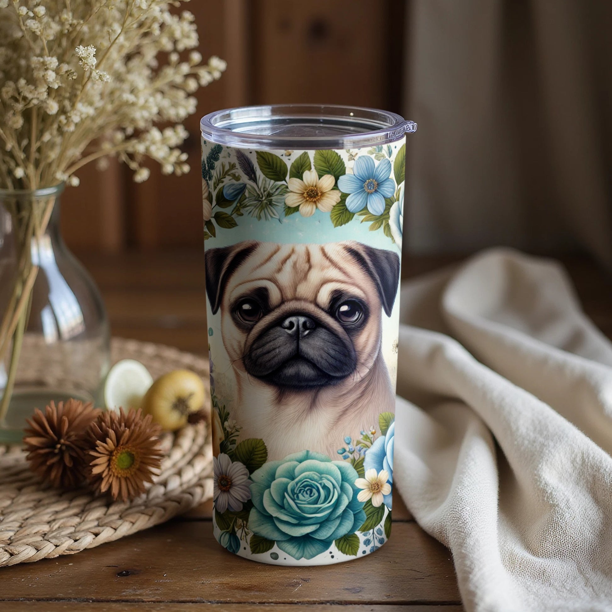 Floral Pug Design Travel Mug for Dog Lovers 20 oz