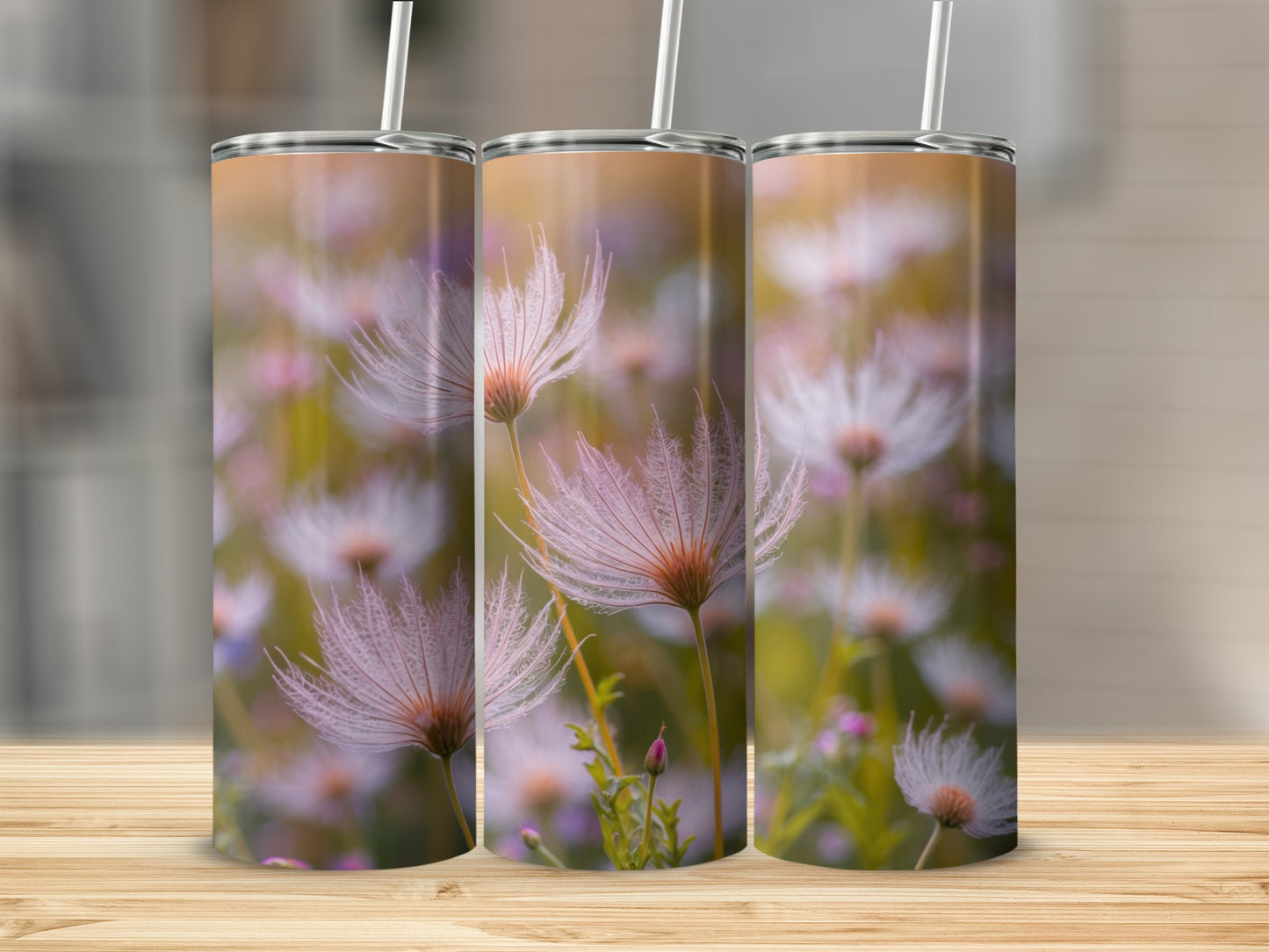 Three tumblers with dandelion seed head pattern on a wooden surface.