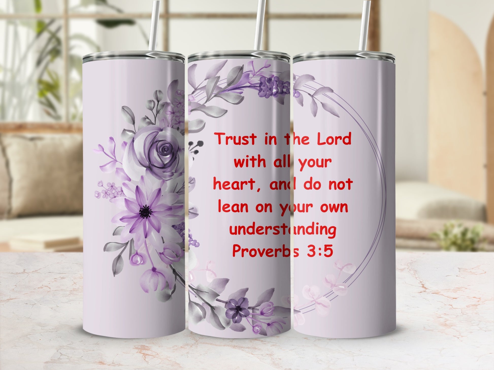 Proverbs 3:5 Trust Inspirational with Purple Floral Design