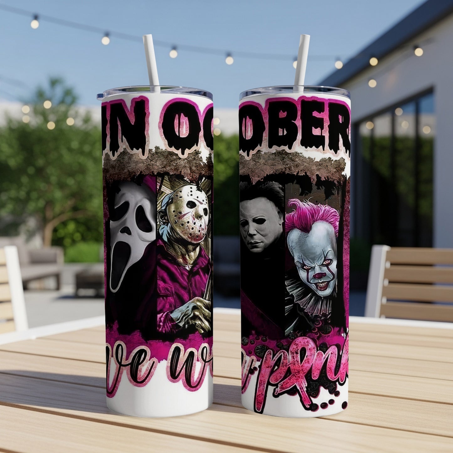 Two Halloween-themed tumblers with horror movie characters and text.