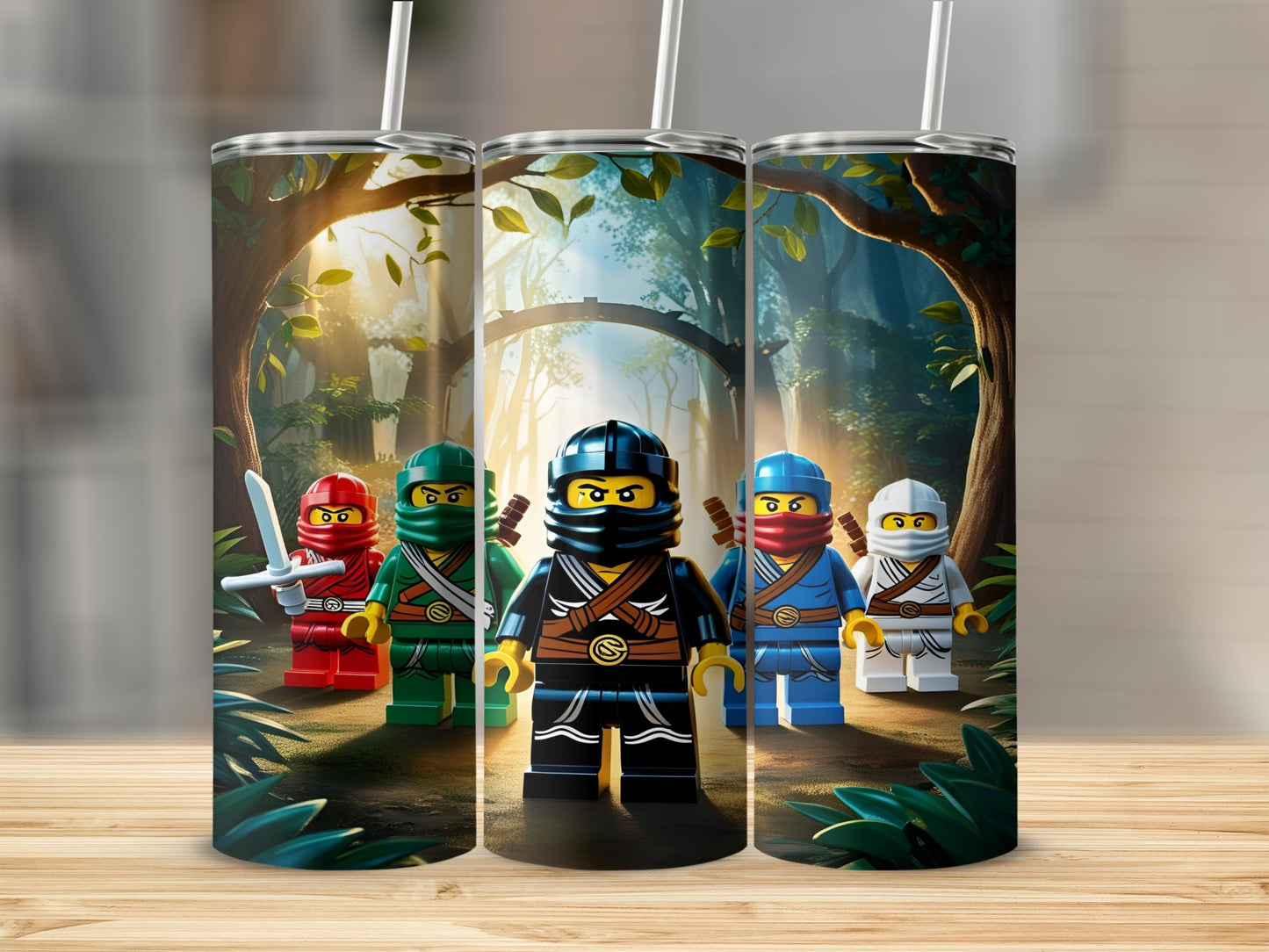 LEGO Ninjago characters in a forest setting on a tumbler.