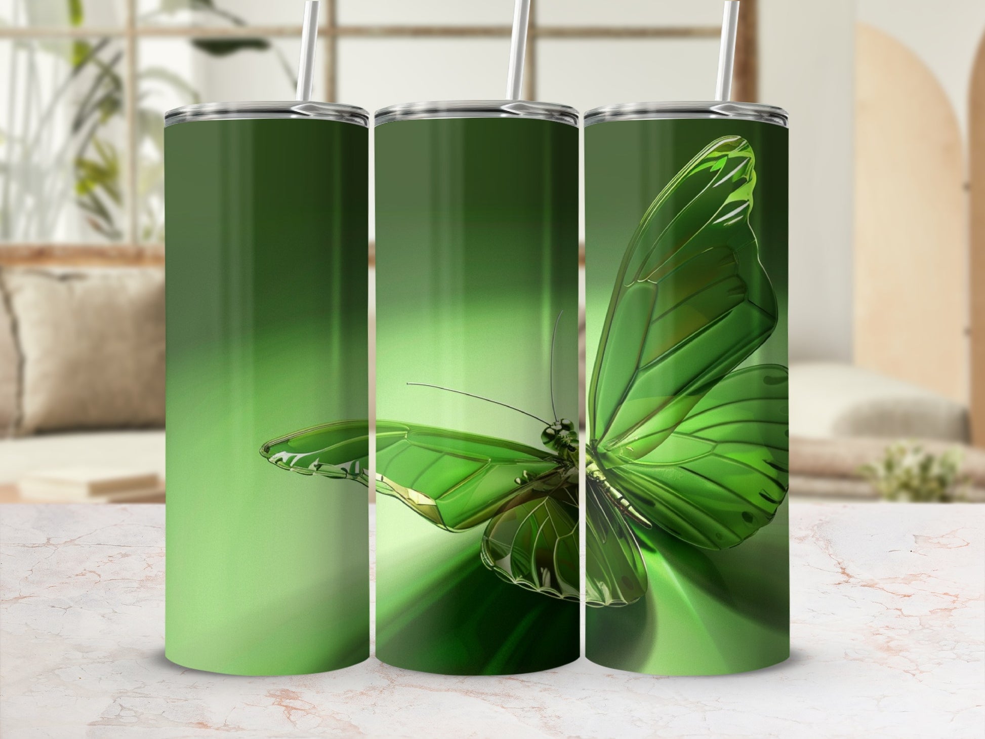 Three green tumblers with iridescent butterfly designs.