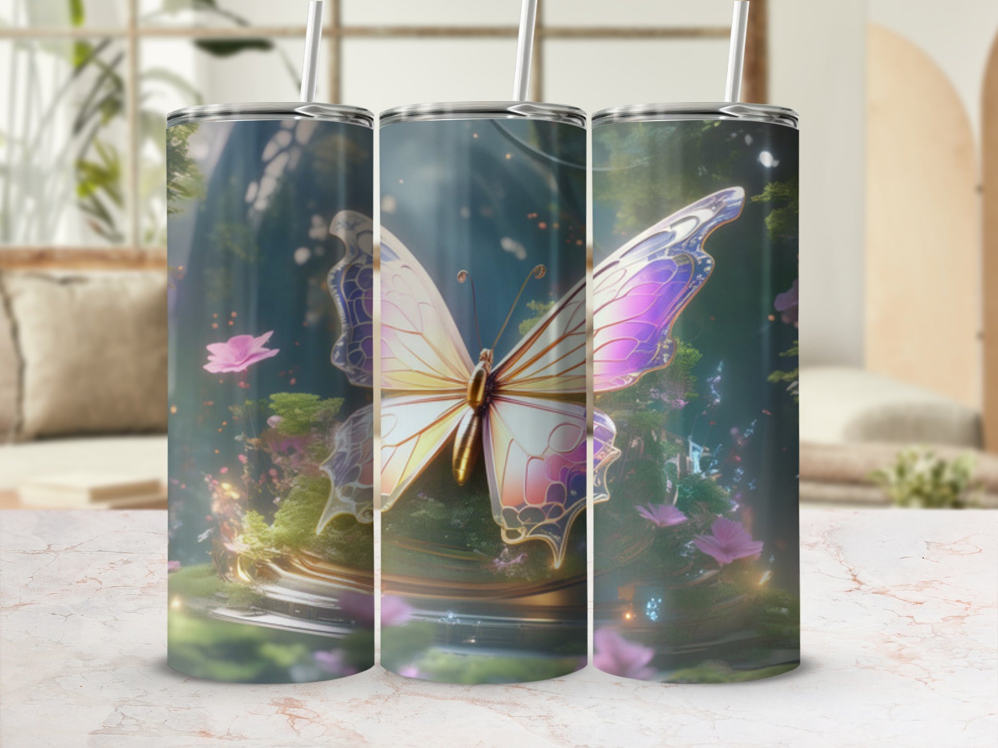 Butterfly design on three tumblers in a bright, nature-themed setting.