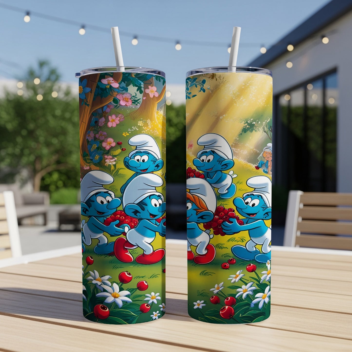 Two Smurfs with cherries, surrounded by flowers and trees.