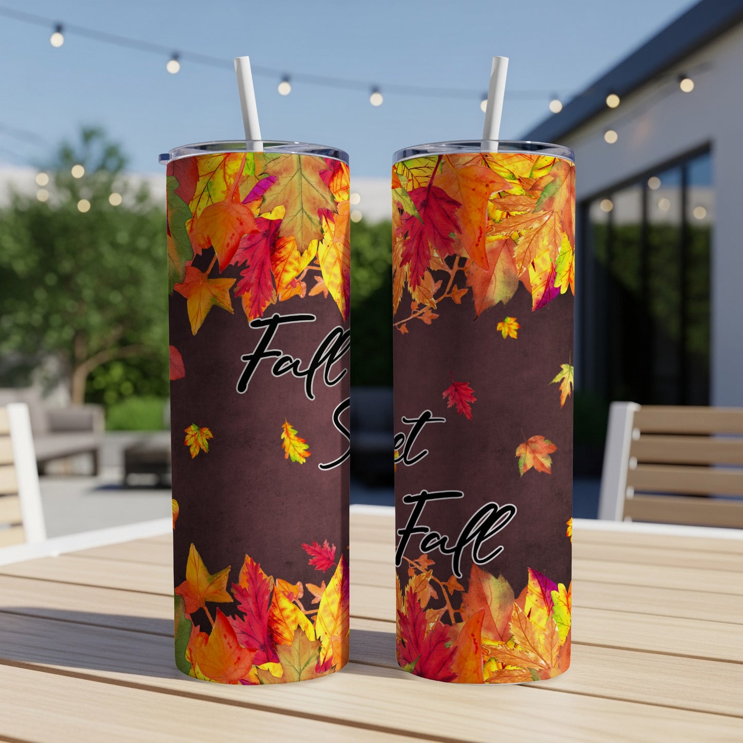 Two tumblers with fall leaves and "Fall is in the Air" text.