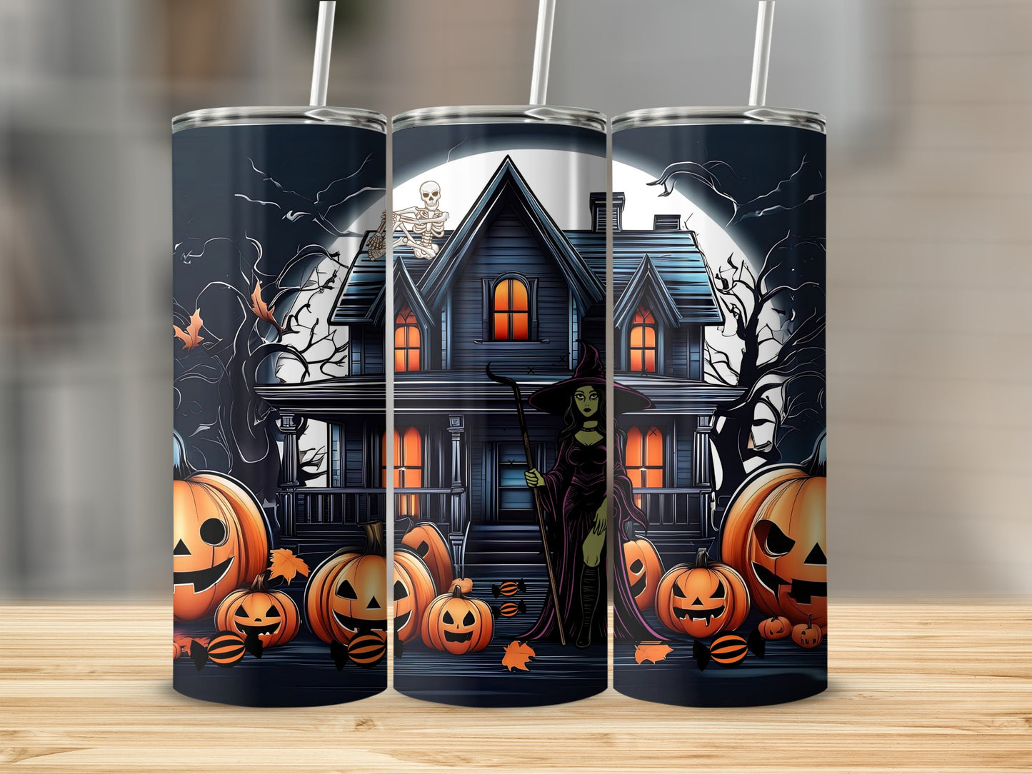 Spooky Haunted House and Pumpkins Halloween tumbler