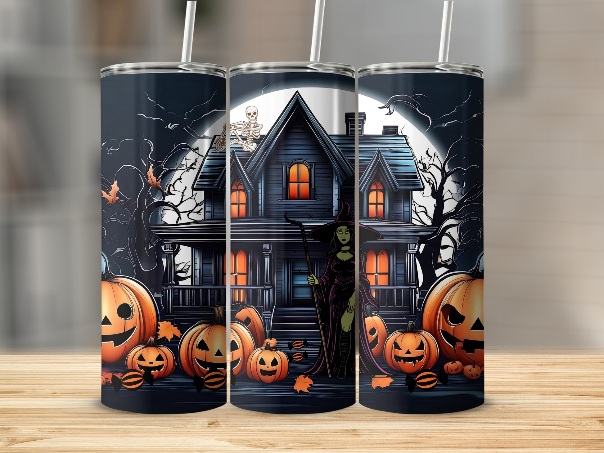 Spooky Haunted House and Pumpkins Halloween tumbler