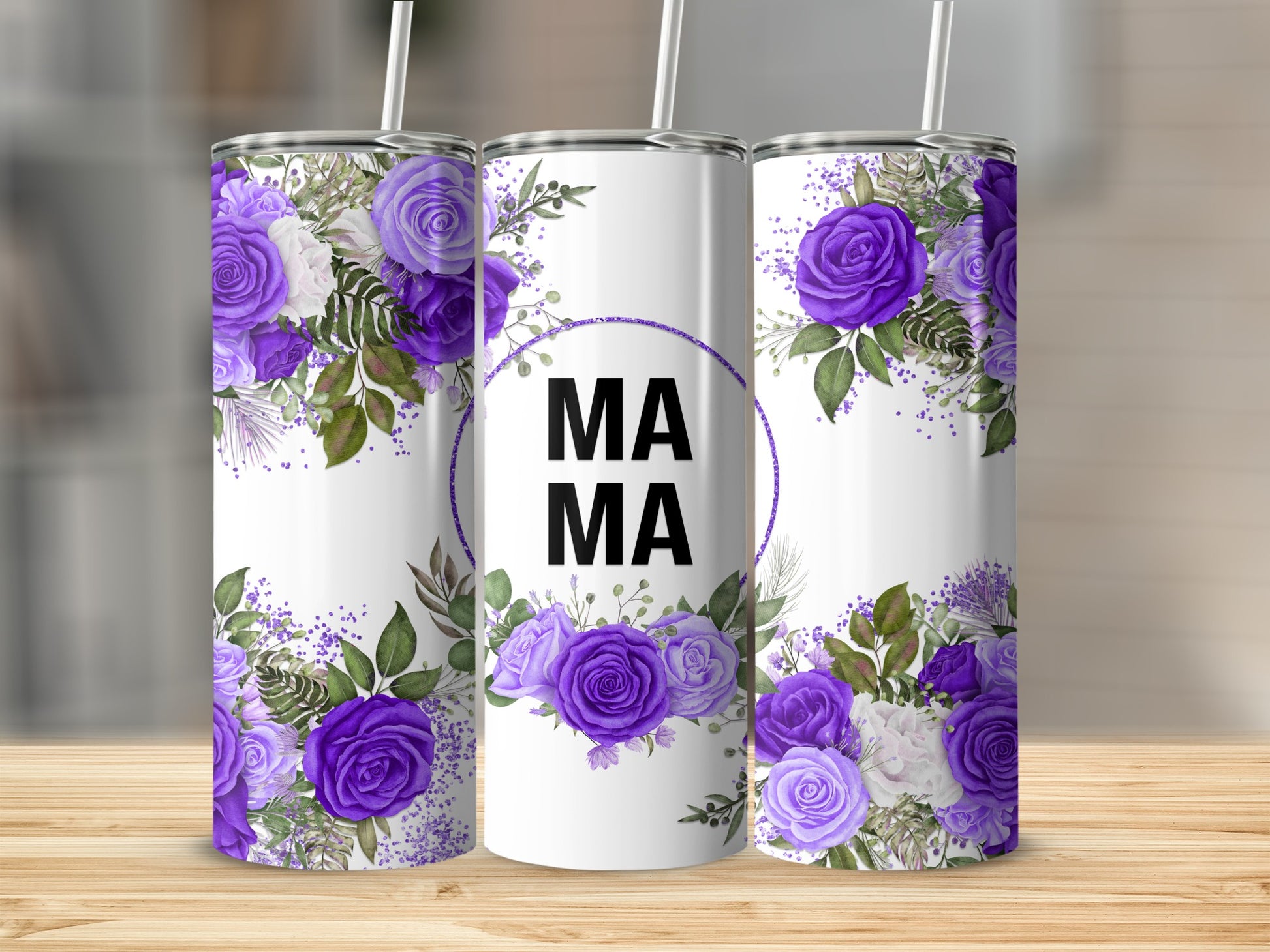 Two tumblers with purple flowers and "MAMA MAMA" text.