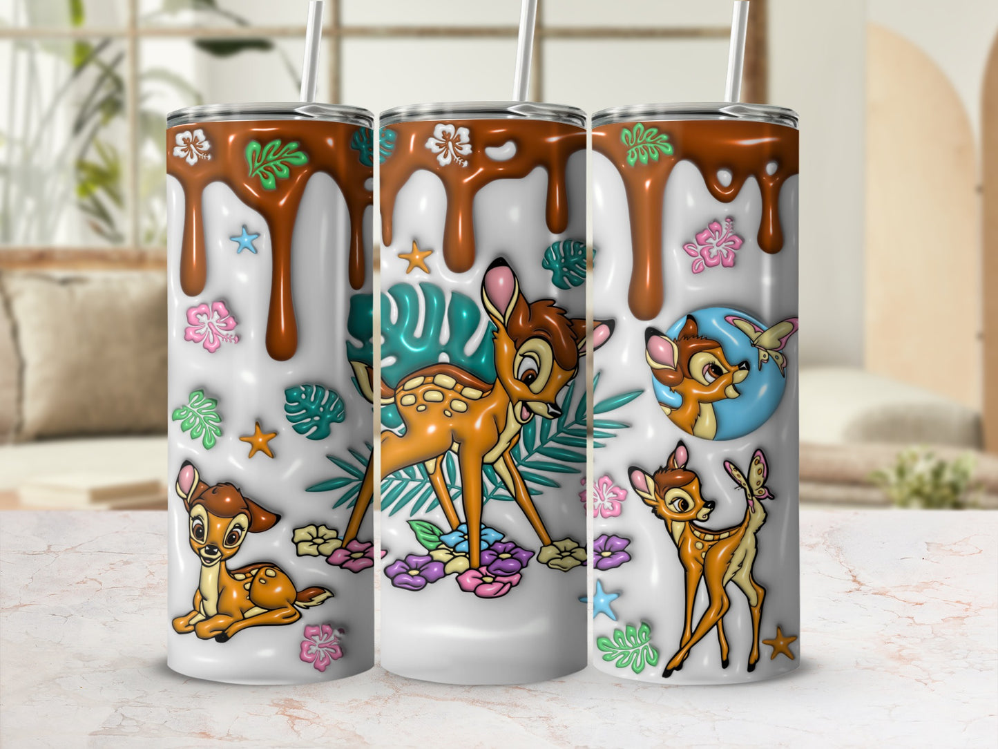 Bambi and Thumper characters with floral and leaf accents on a triptych tumbler design.