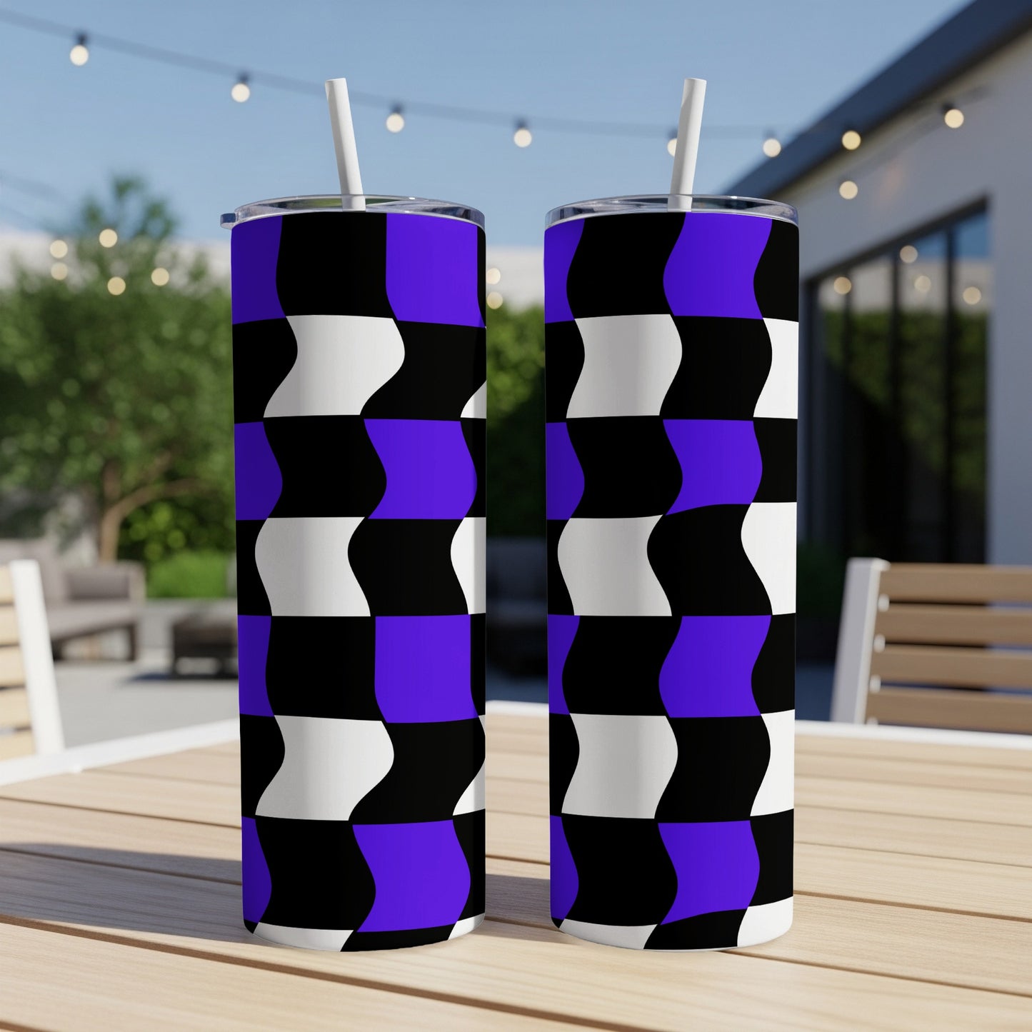 Two tall tumblers with a black, white, and purple checkered pattern.