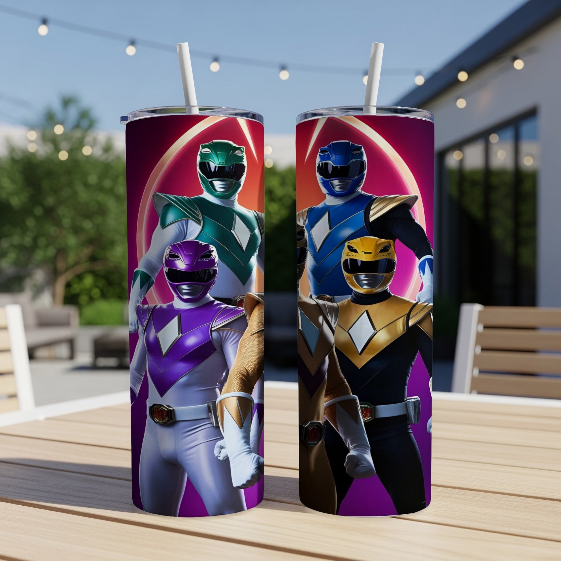Two Power Rangers tumblers with the Green, Purple, Blue, and Yellow Rangers displayed.