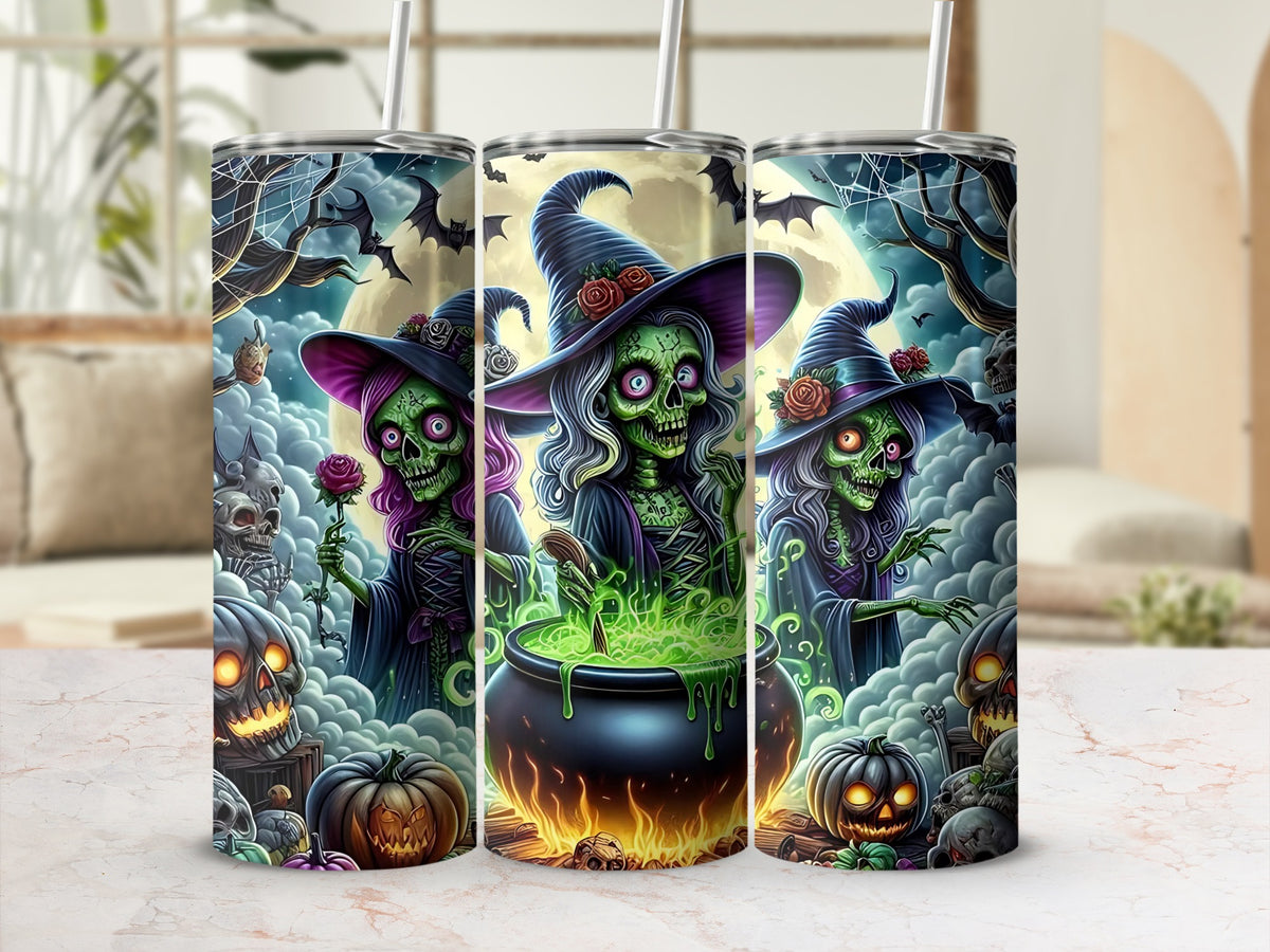 Three Halloween-themed tumblers with witches, cauldrons, pumpkins, and skulls.