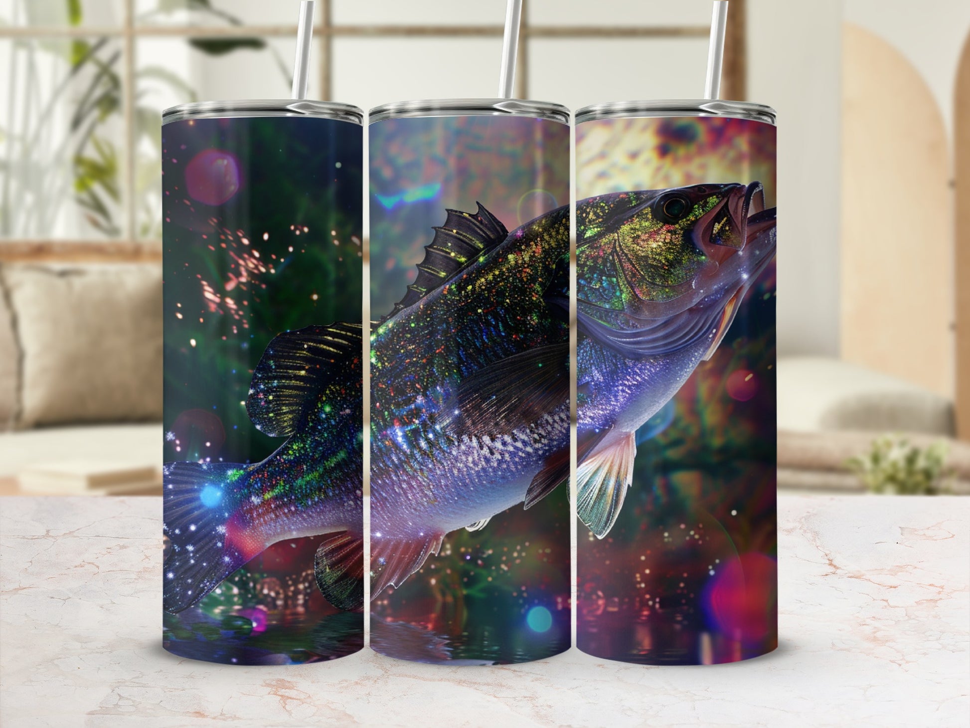 Three tumblers featuring a realistic fish design with glowing underwater bokeh effects.
