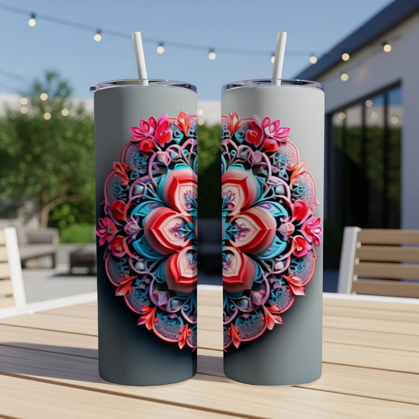 Two tumblers with colorful mandala designs on a table.