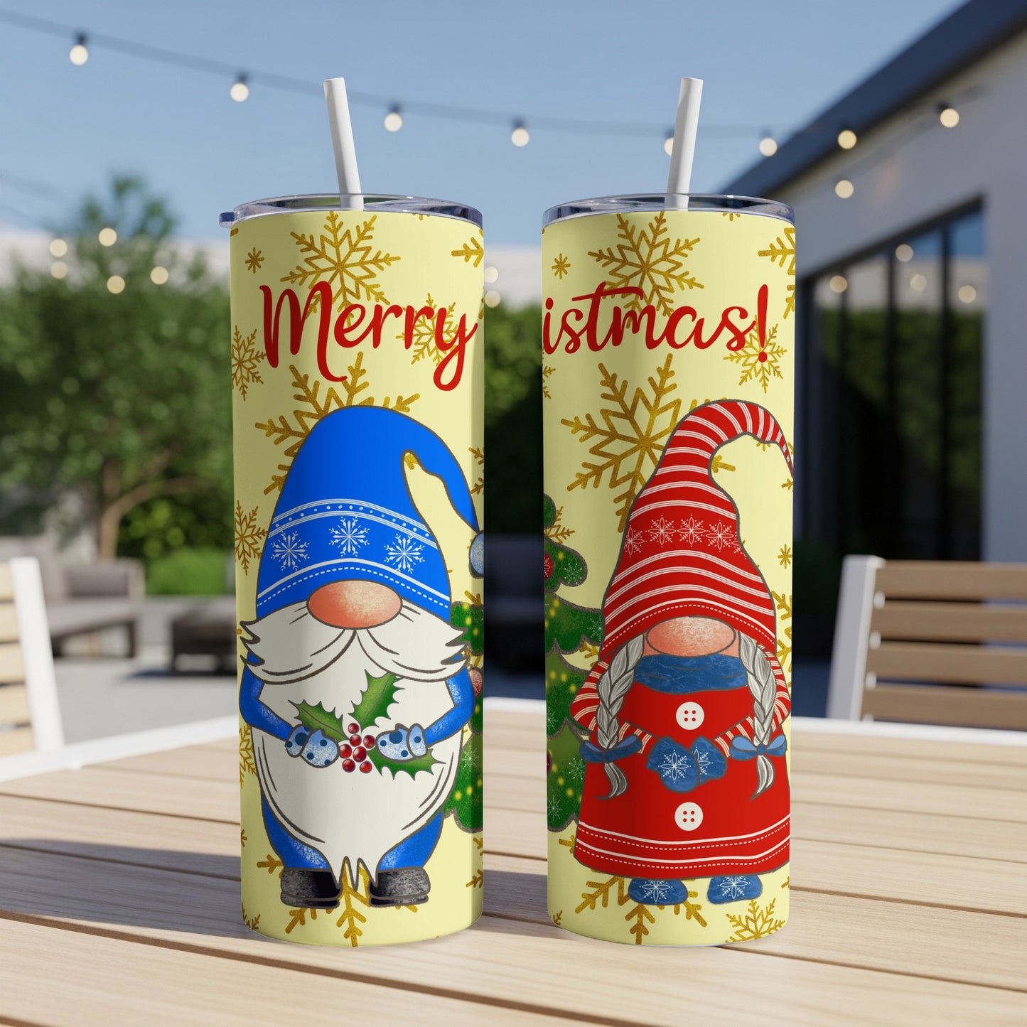 Two festive gnome tumblers with "Merry Christmas!" text and snowflake background.