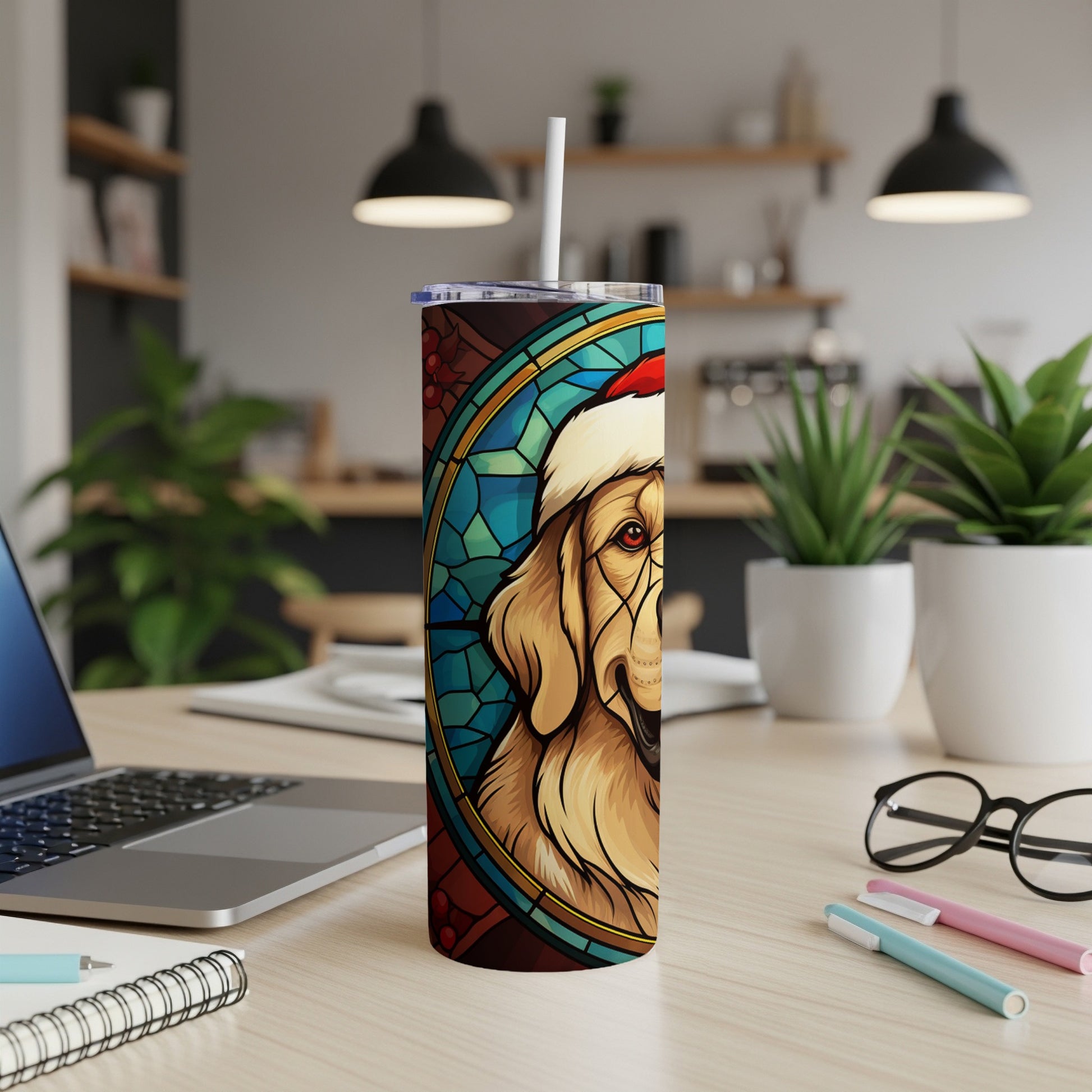 Golden retriever wearing a Santa hat, stained glass style, on a tumbler.