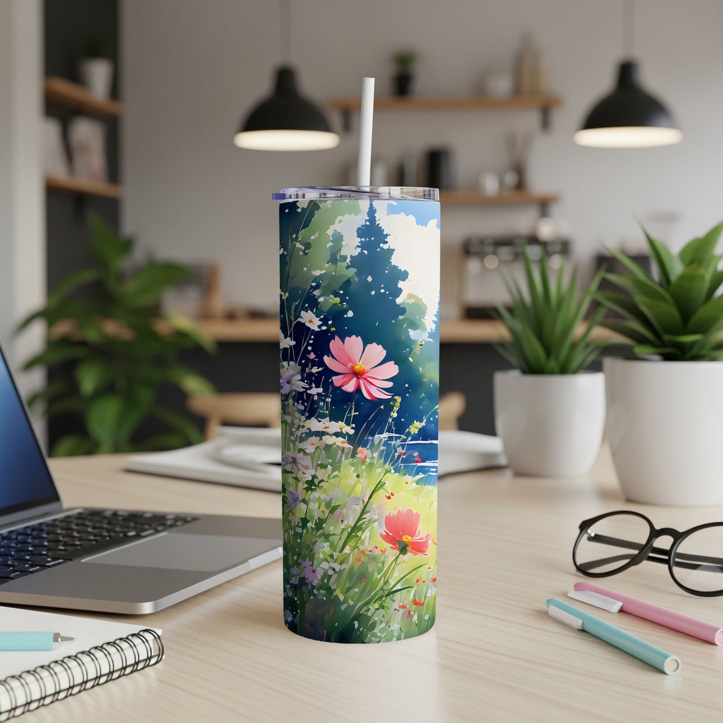 Tall tumbler with a floral meadow watercolor design.