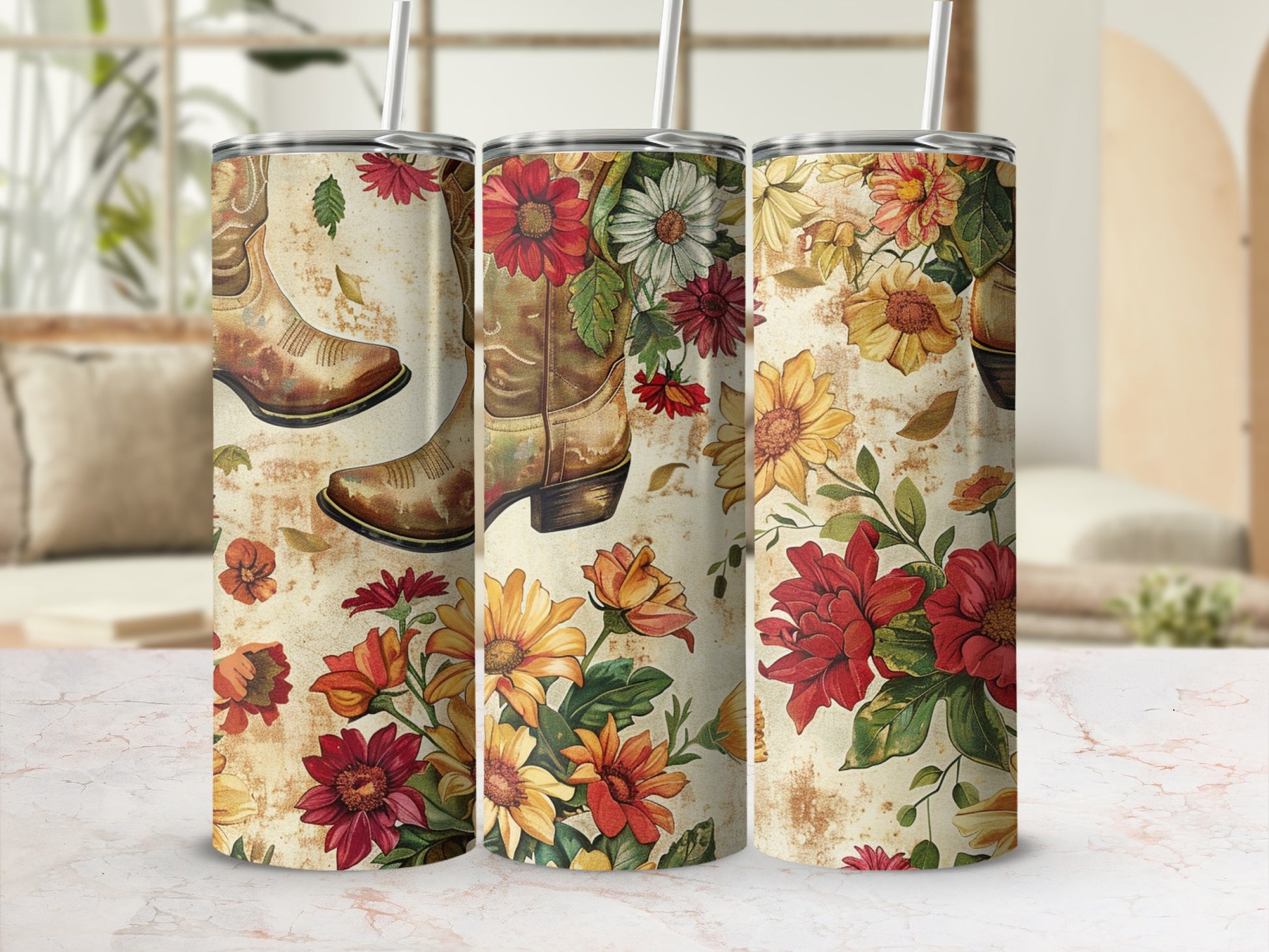 Cowboy boots and floral pattern tumbler with straws.
