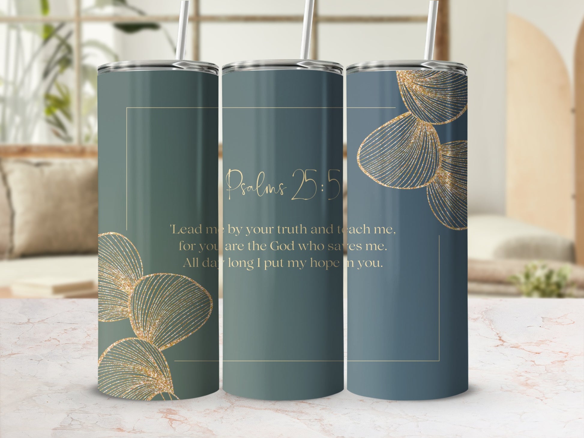 Psalms 25:5 Tumbler with Golden Floral Design 20oz