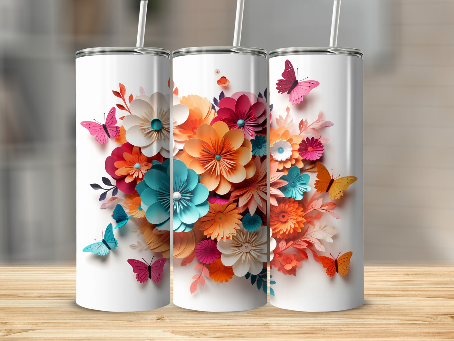 Colorful Floral and Butterfly Design Insulated Tumbler