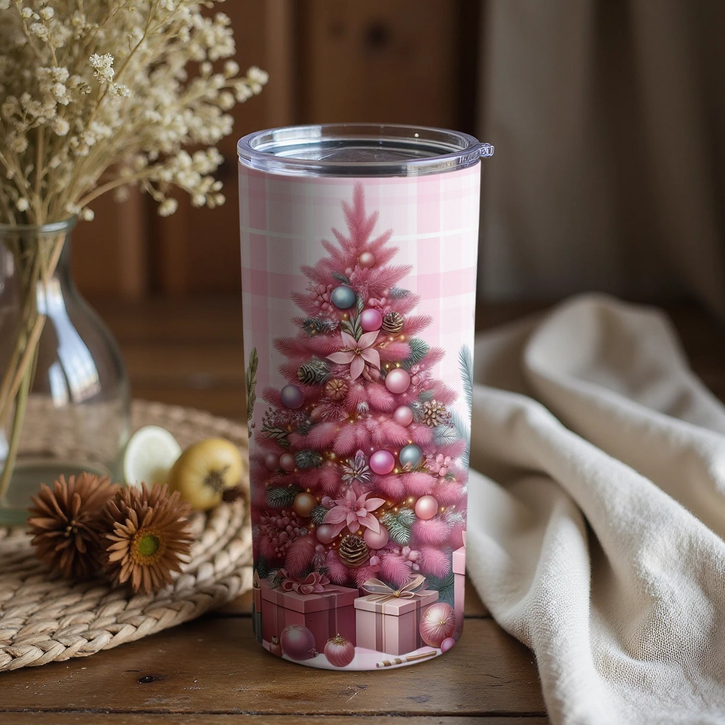 Pink Festive Christmas Tree Tumbler with Gifts and Ornaments