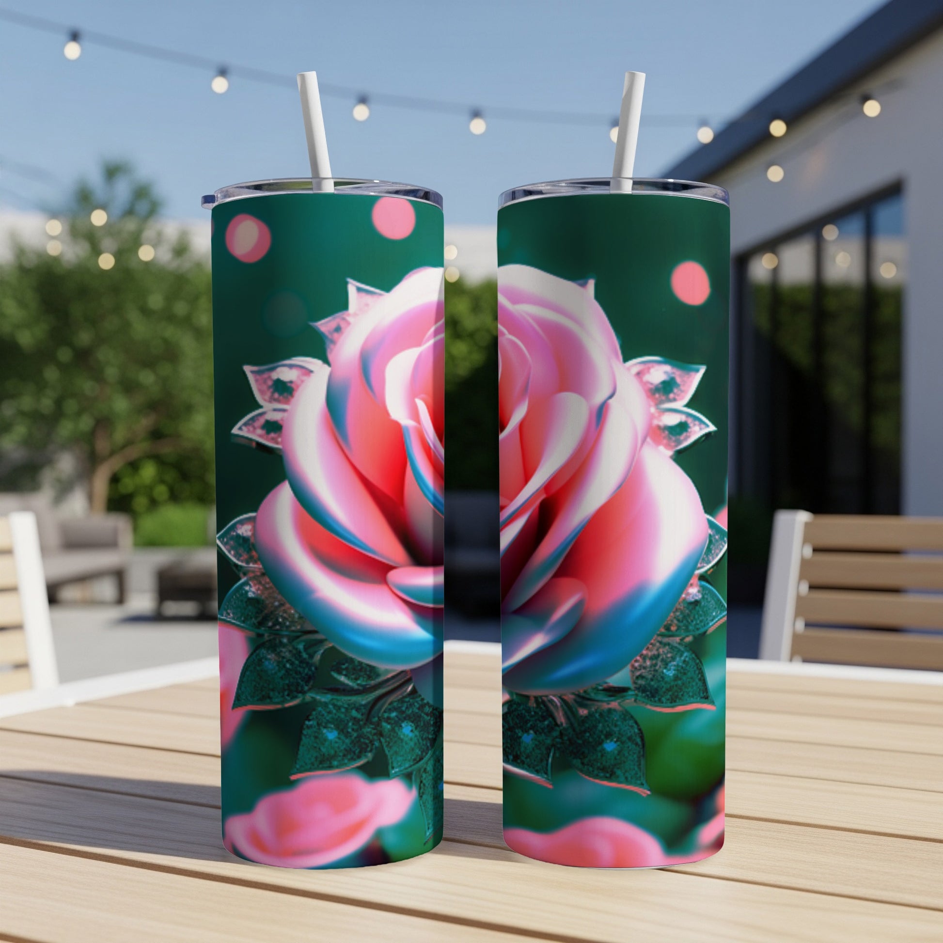 Two tall tumblers featuring a close-up pink and blue rose design.