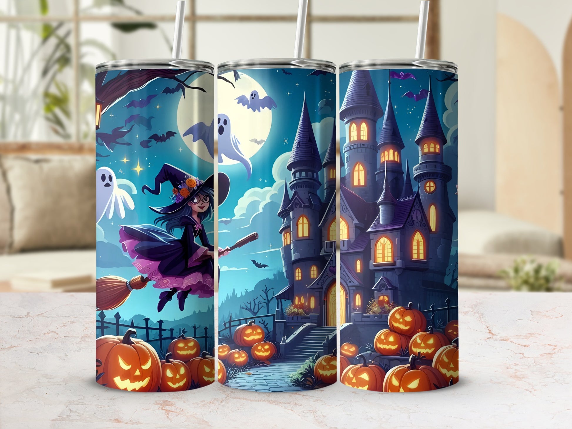 Halloween tumbler with witch, ghosts, castle, bats, and pumpkins.