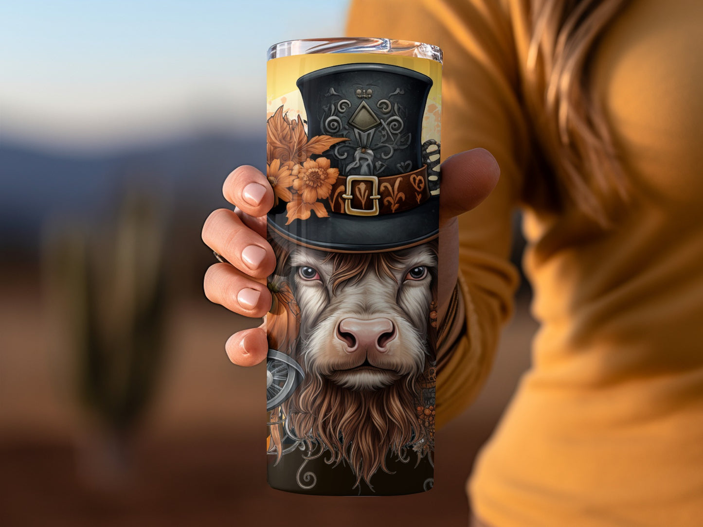 Steampunk Cow with Top Hat and Flowers Tumbler