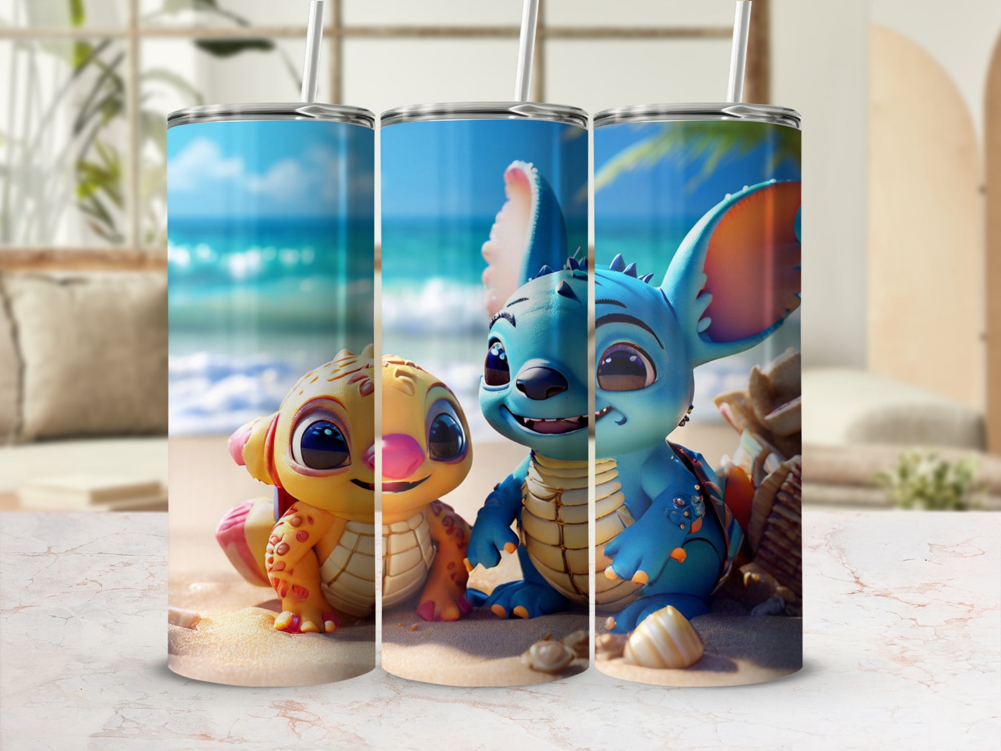 Two cartoon characters, Stitch and Angel, sit on a sandy beach with a tropical ocean background.