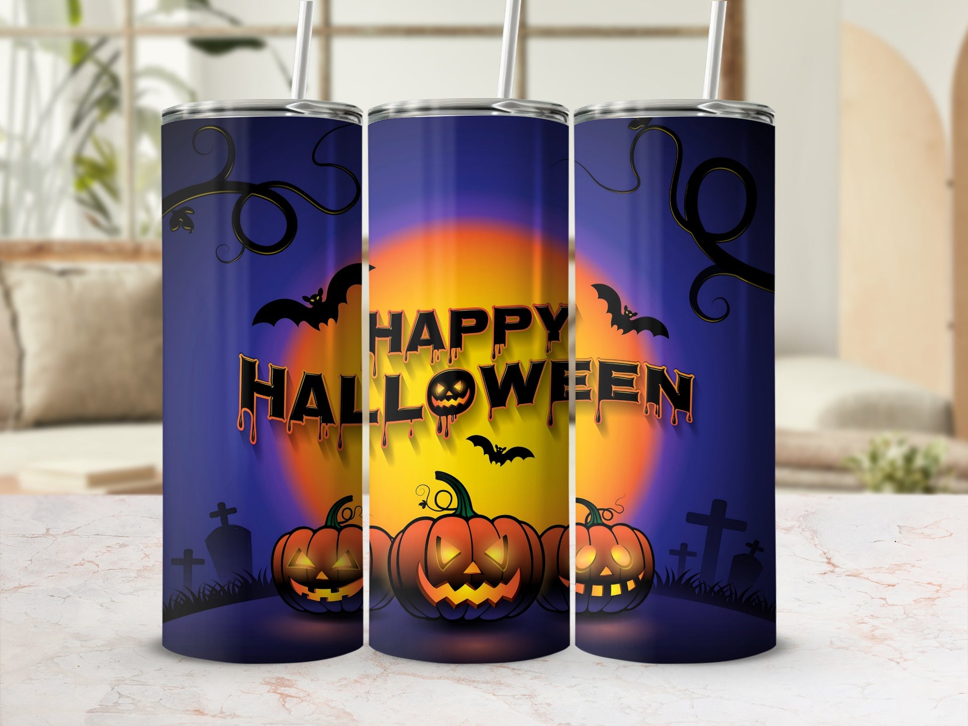 Happy Halloween Pumpkin and Bats Themed Tumbler