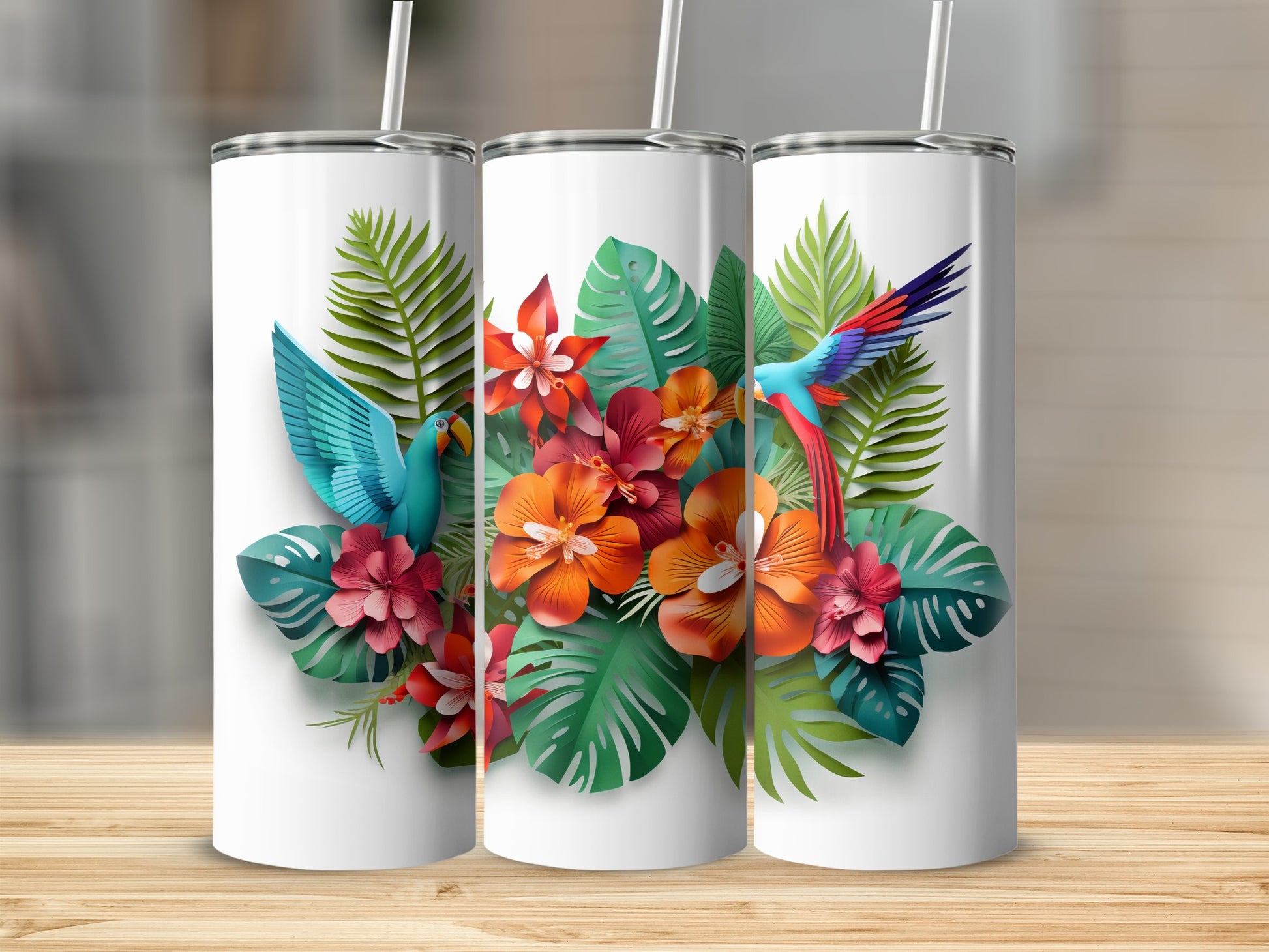 Tropical Floral and Parrot Design Tumbler Cups Product