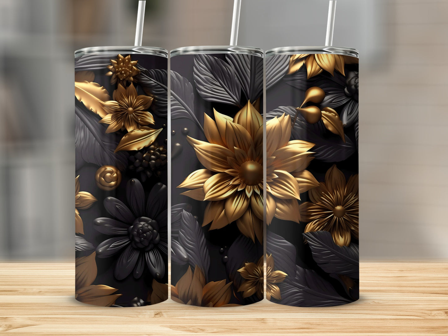 Elegant Golden Floral Design Tumbler Cup