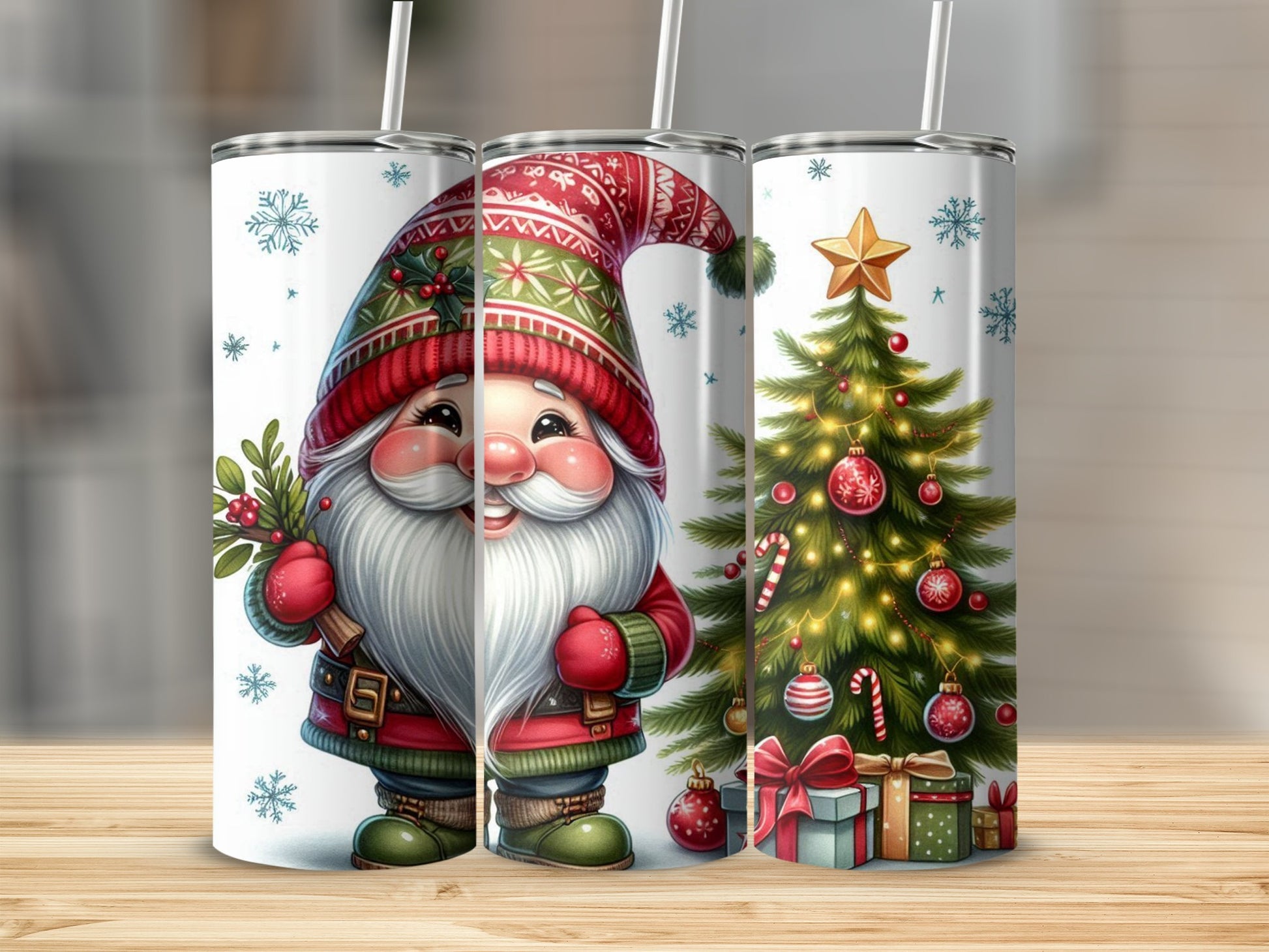 Christmas gnome with gifts and decorated tree on two tumblers.