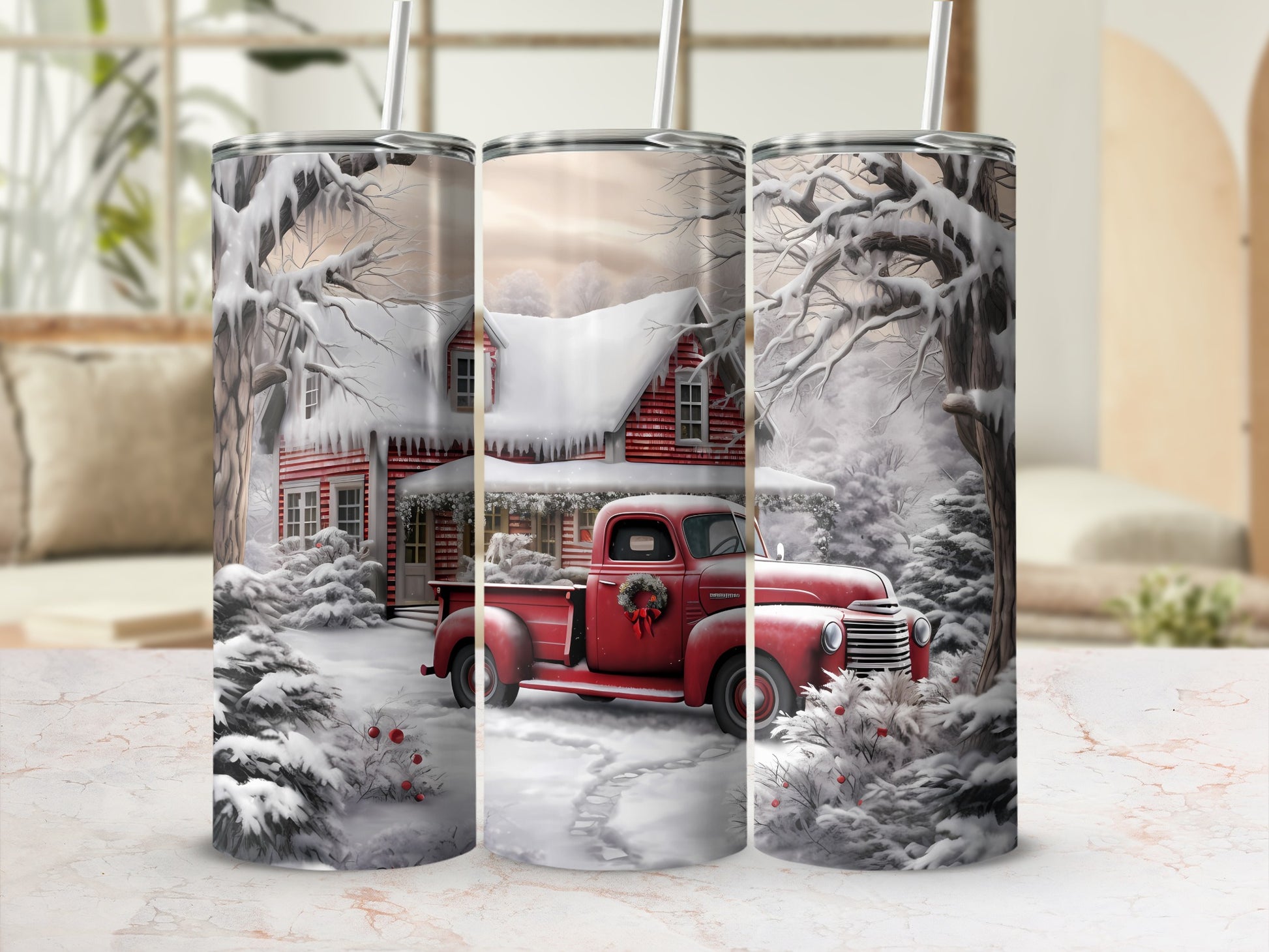 Vintage Red Truck Snowy Winter Scene Tumbler Cup